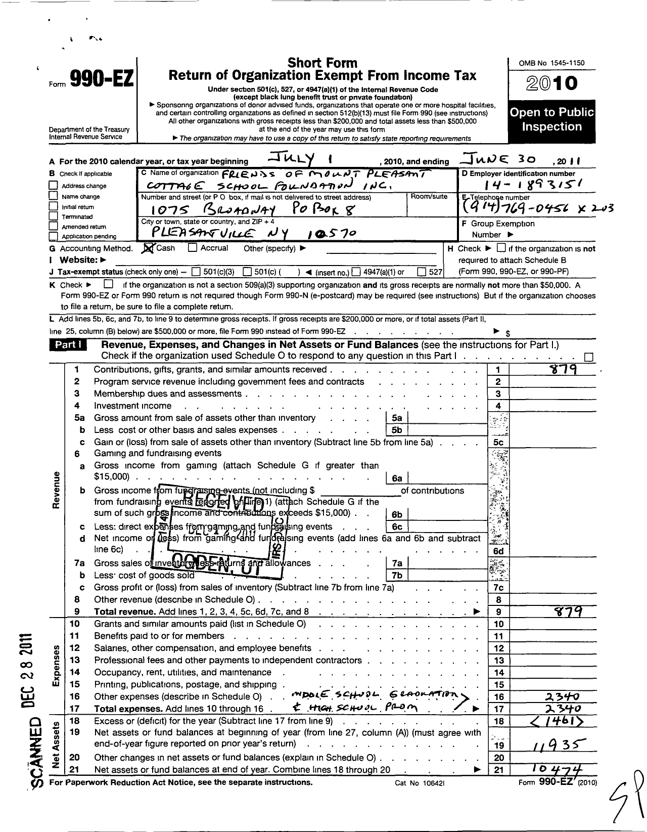 Image of first page of 2010 Form 990EO for Friends of Mount Pleasant Cottage School Foundation