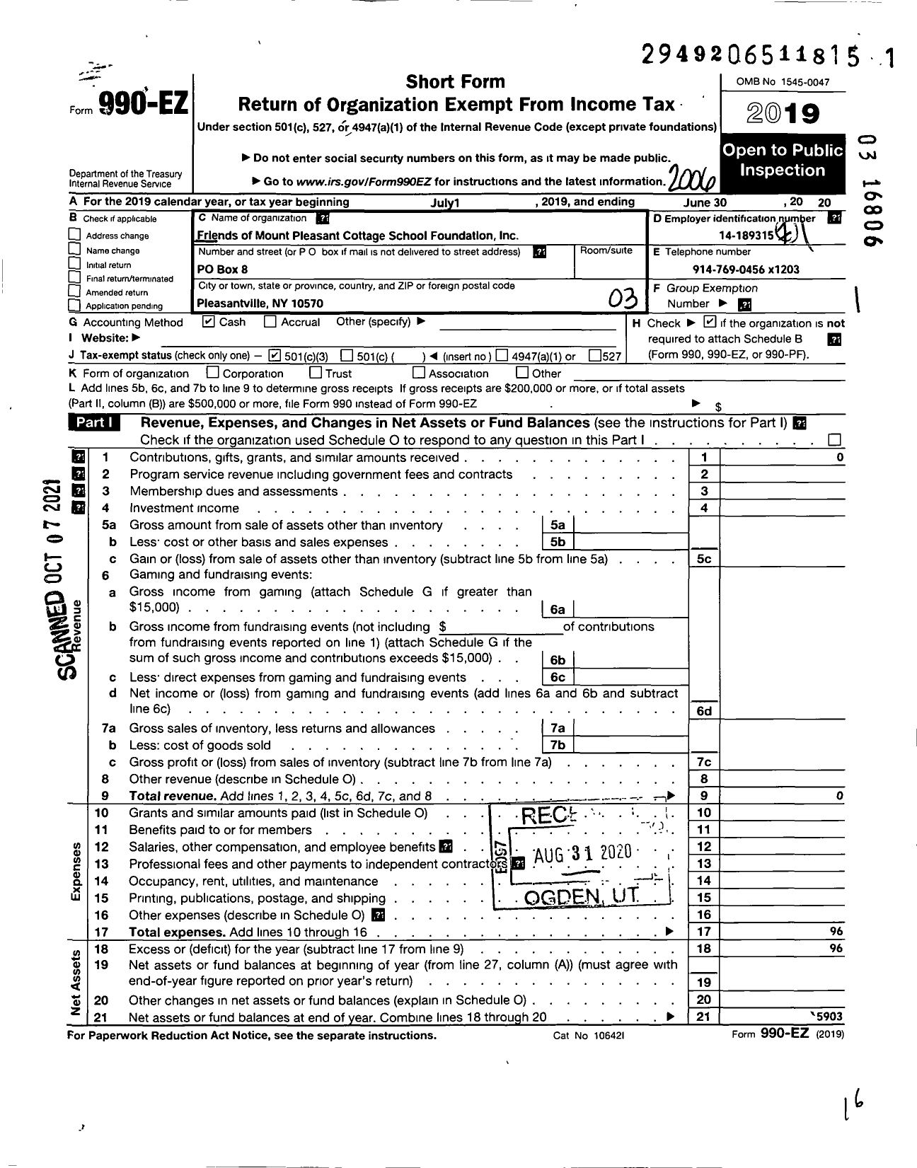 Image of first page of 2019 Form 990EZ for Friends of Mount Pleasant Cottage School Foundation