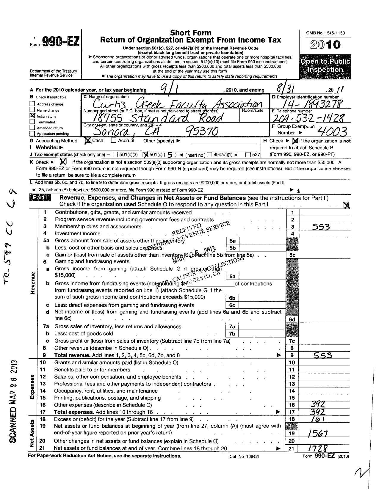 Image of first page of 2010 Form 990EO for California Teachers Association - Curtis Creek Faculty Association