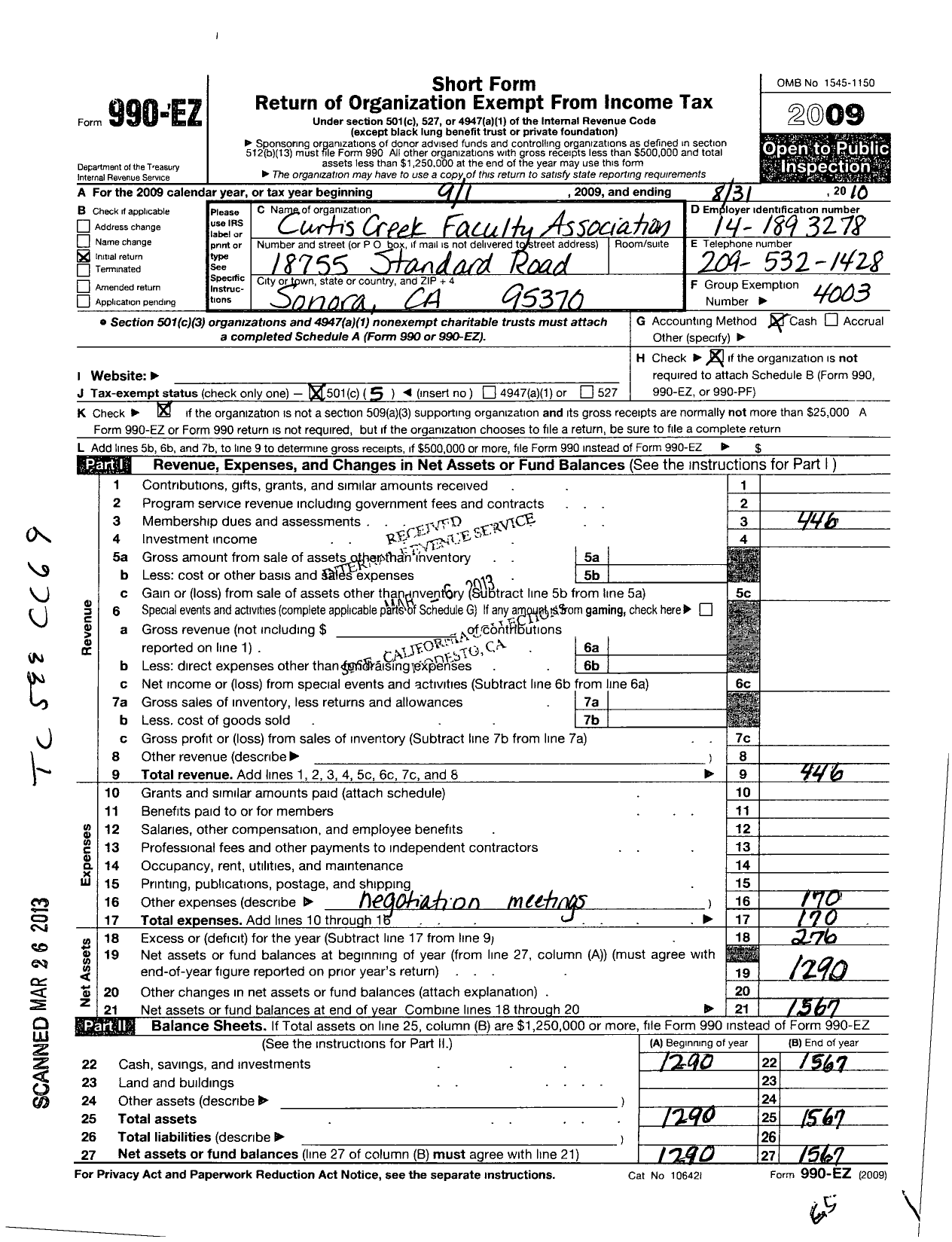 Image of first page of 2009 Form 990EO for California Teachers Association - Curtis Creek Faculty Association