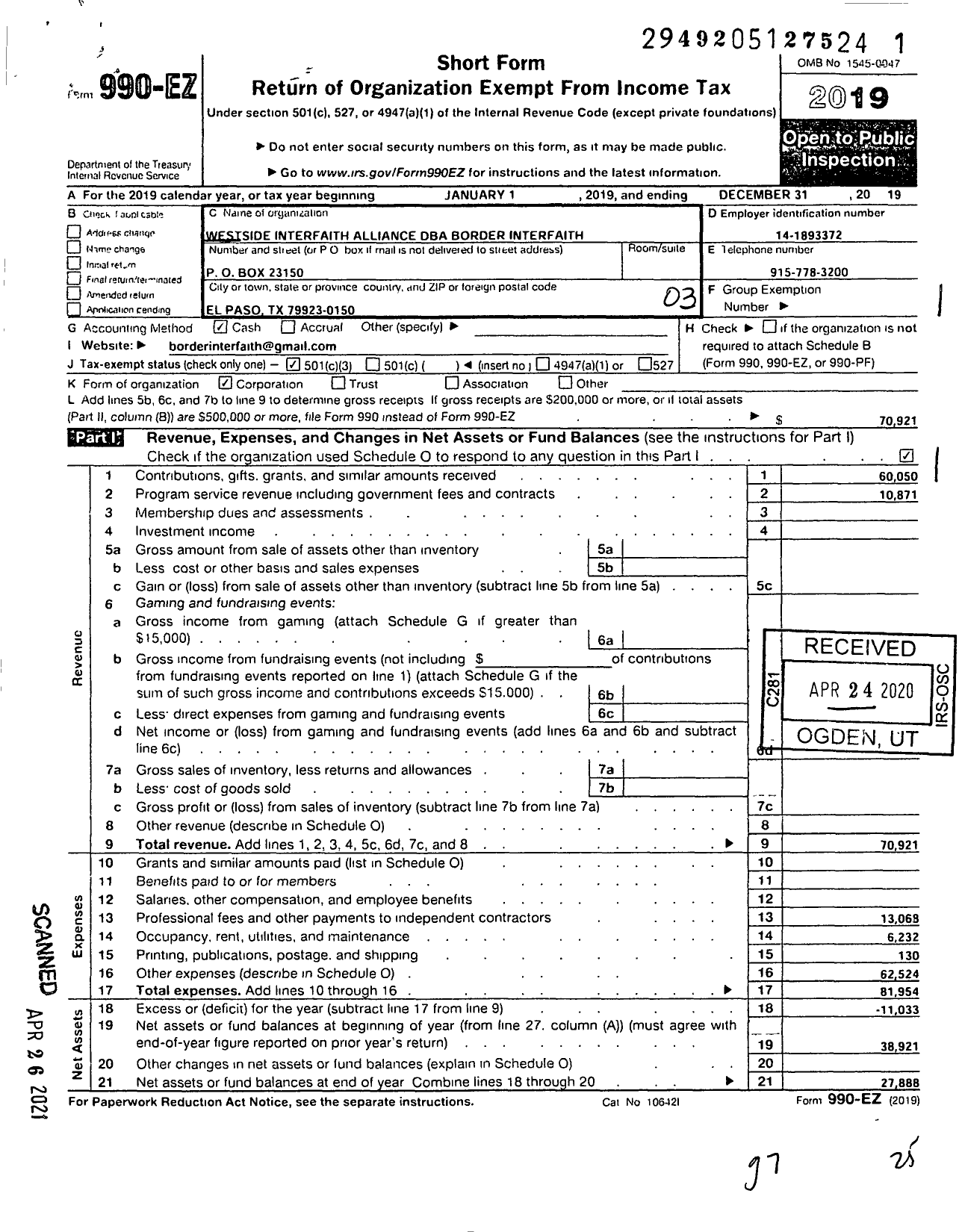 Image of first page of 2019 Form 990EZ for Westside Interfaith Alliance Sponsoring Committee