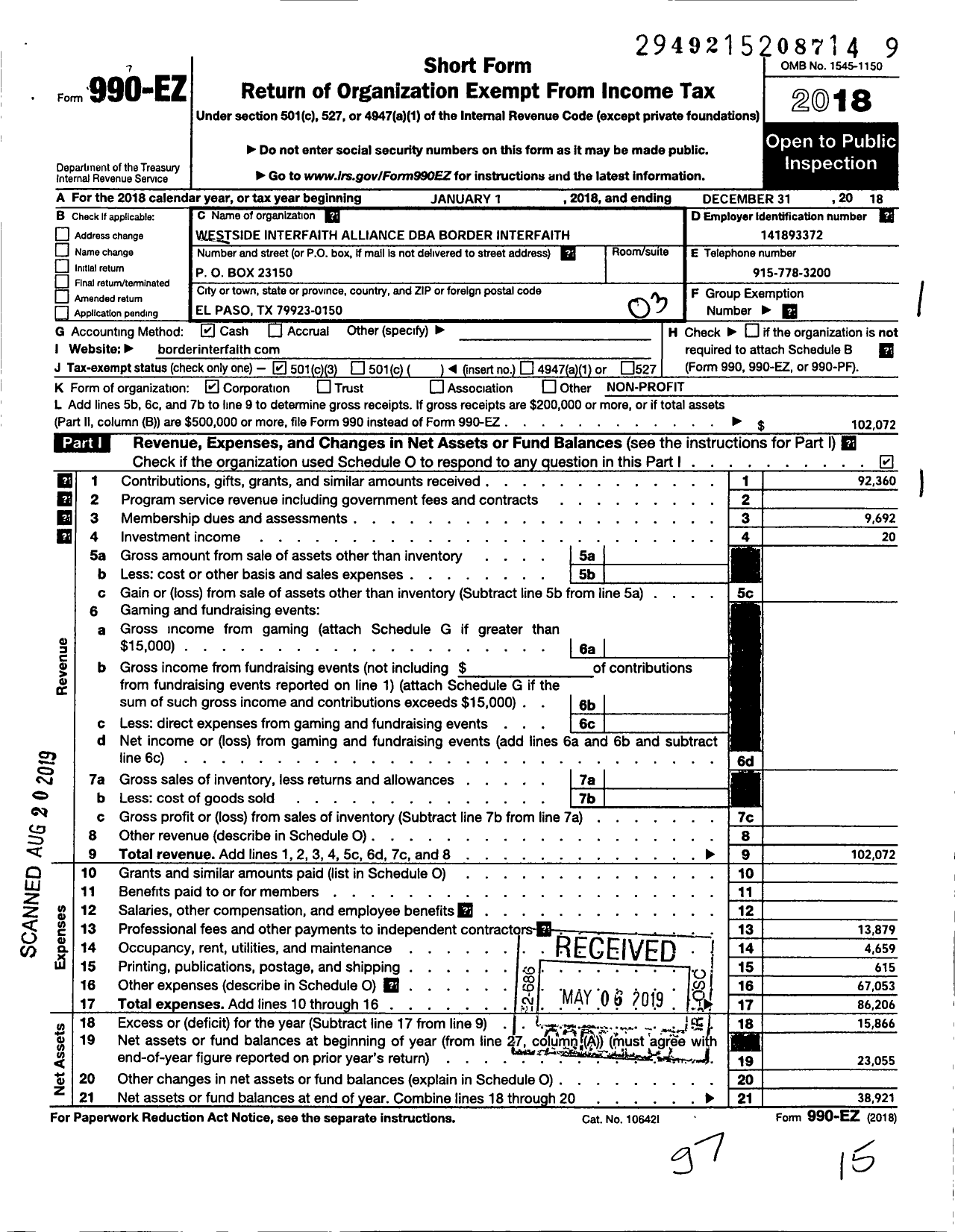 Image of first page of 2018 Form 990EZ for Westside Interfaith Alliance Sponsoring Committee