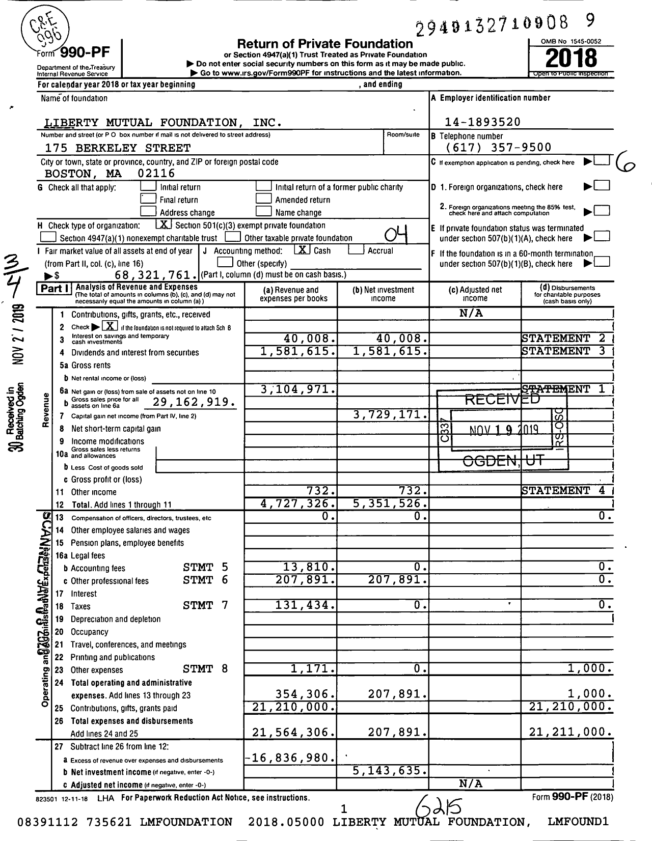 Image of first page of 2018 Form 990PF for Liberty Mutual Foundation