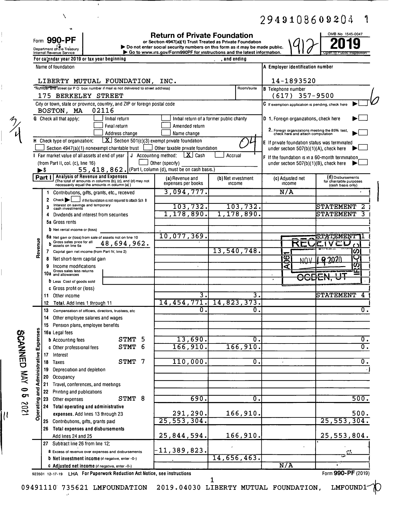 Image of first page of 2019 Form 990PF for Liberty Mutual Foundation