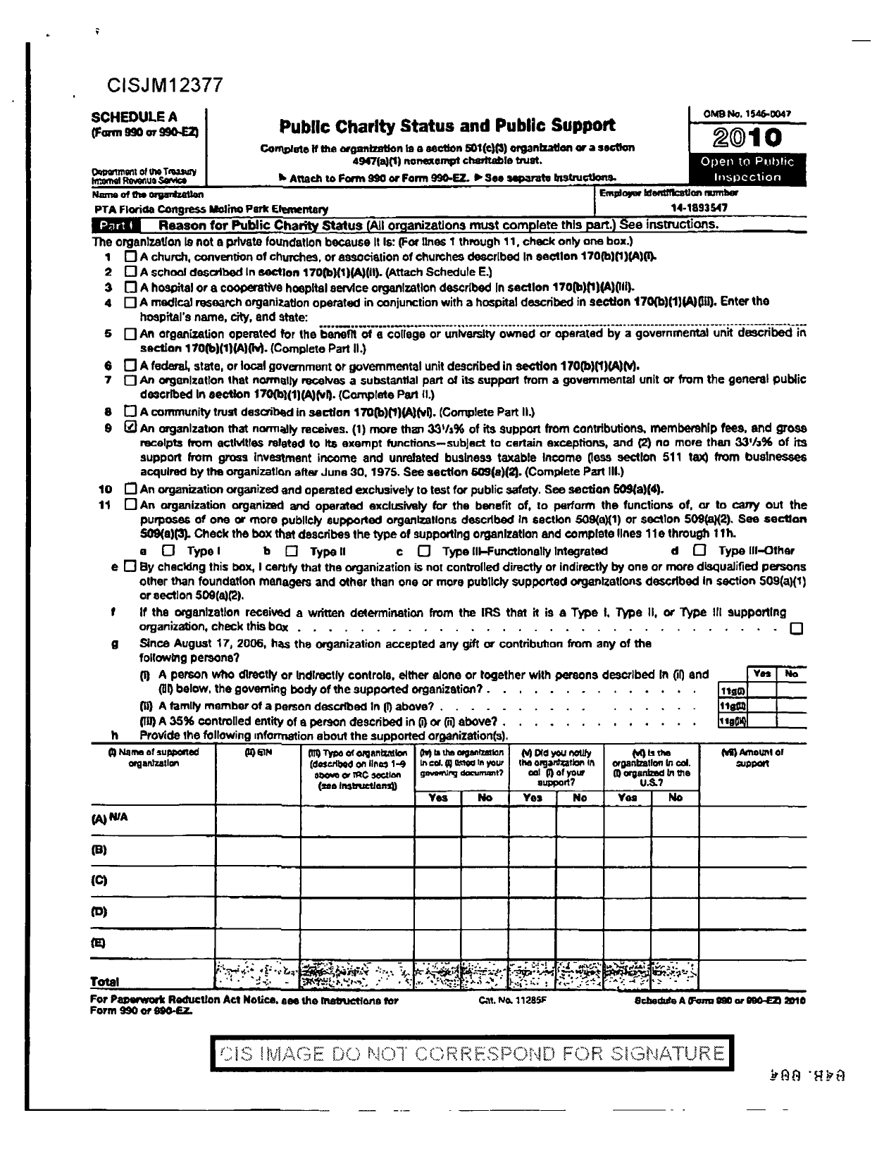 Image of first page of 2009 Form 990ER for PTA Florida Congress - Molino Park Elementry PTA