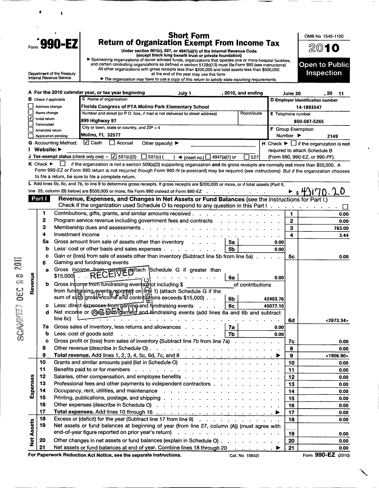 Image of first page of 2010 Form 990EZ for PTA Florida Congress - Molino Park Elementry PTA