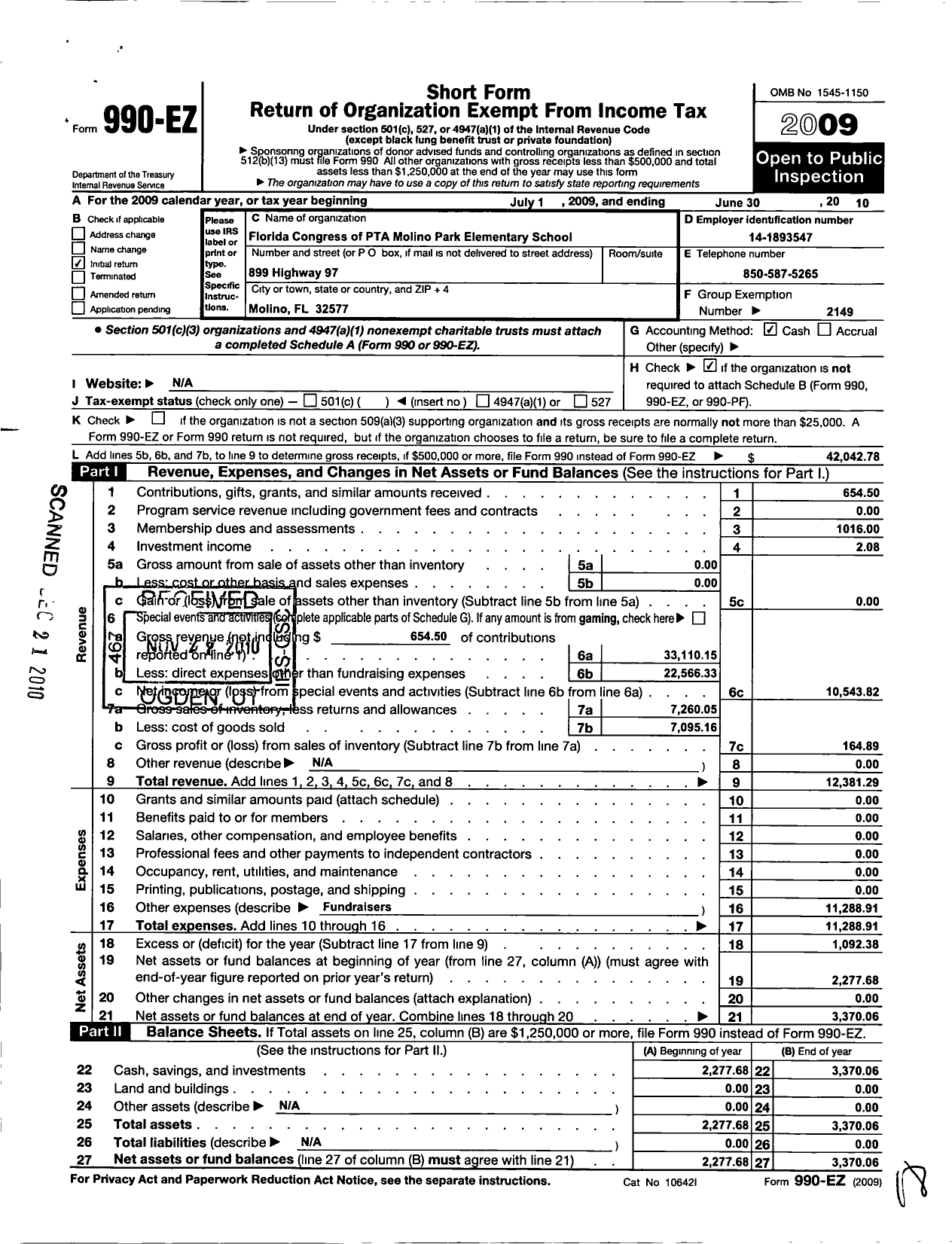 Image of first page of 2009 Form 990EO for PTA Florida Congress - Molino Park Elementry PTA