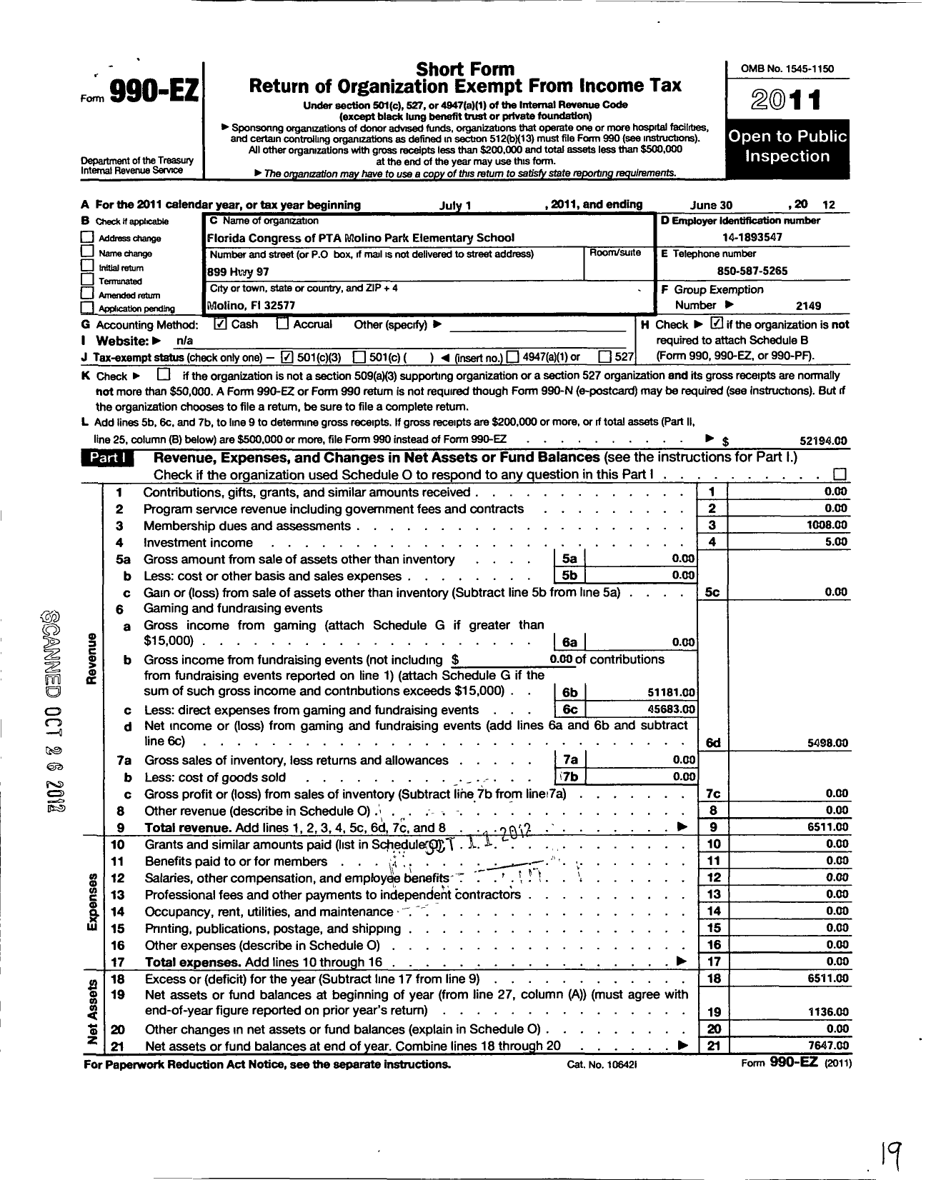 Image of first page of 2011 Form 990EZ for PTA Florida Congress - Molino Park Elementry PTA