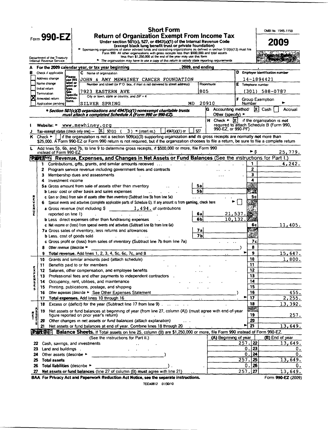 Image of first page of 2009 Form 990ER for John and Amy Mewhiney Cancer Foundation