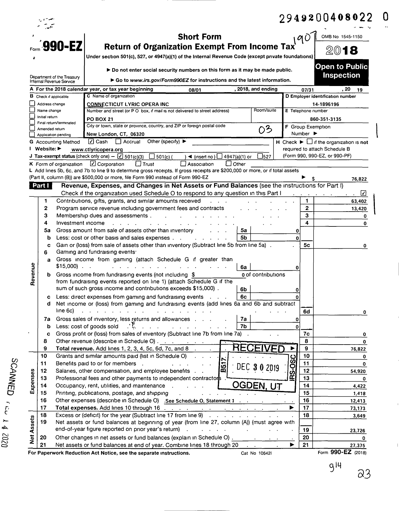 Image of first page of 2018 Form 990EZ for Connecticut Lyric Opera