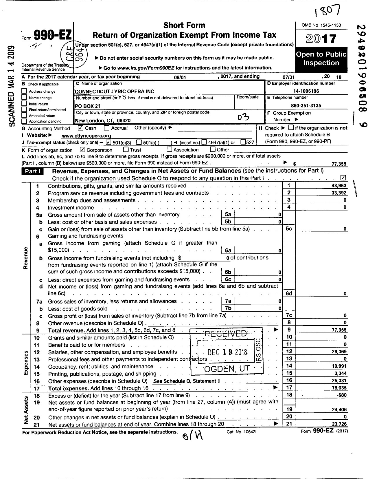 Image of first page of 2017 Form 990EZ for Connecticut Lyric Opera