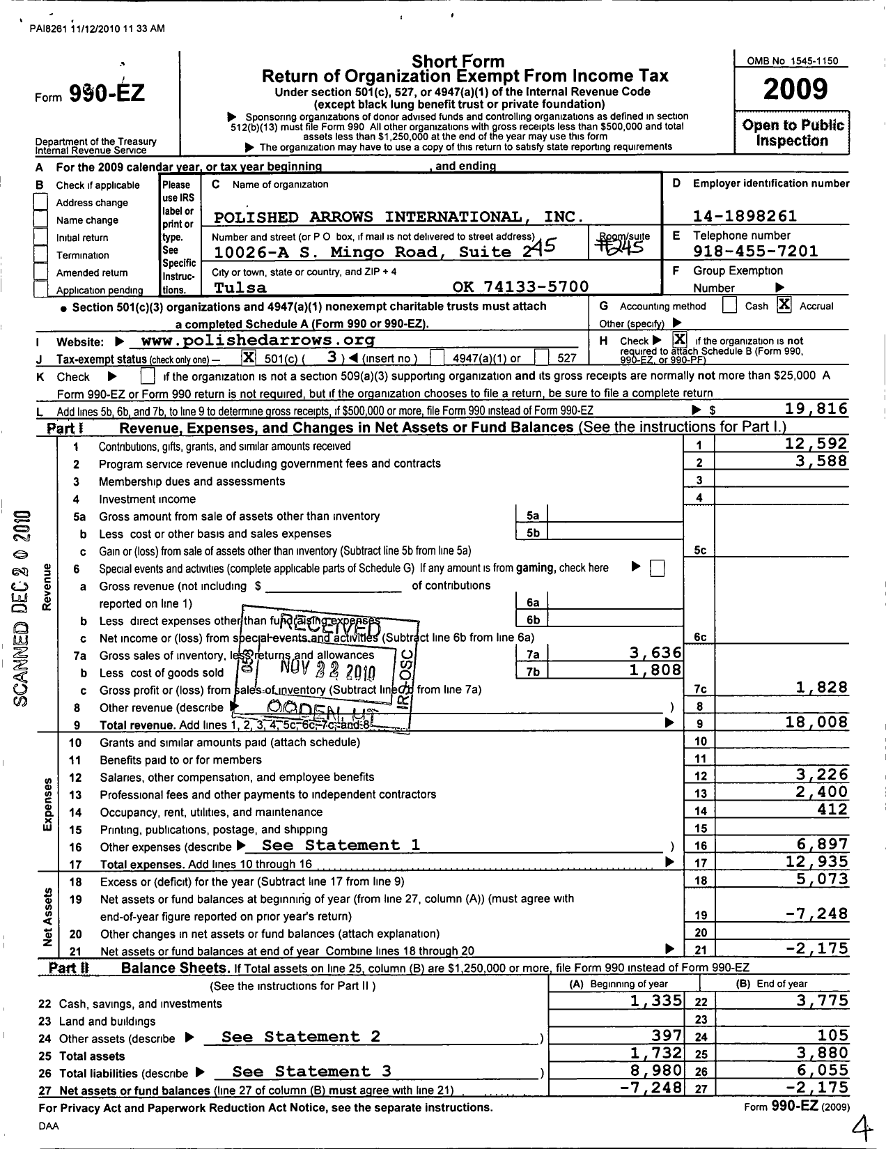 Image of first page of 2009 Form 990EZ for Polished Arrows International