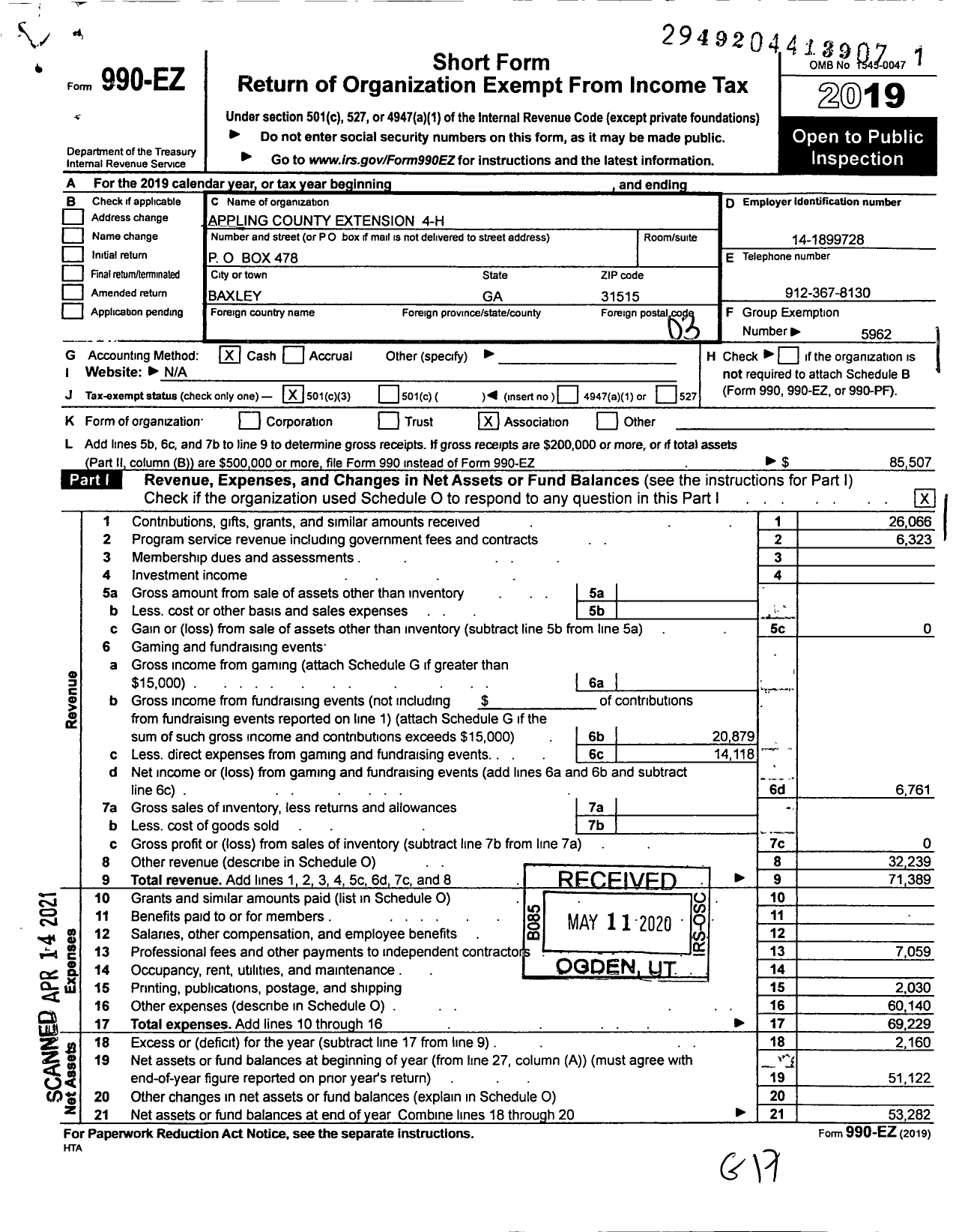 Image of first page of 2019 Form 990EZ for Appling County Extension 4-H