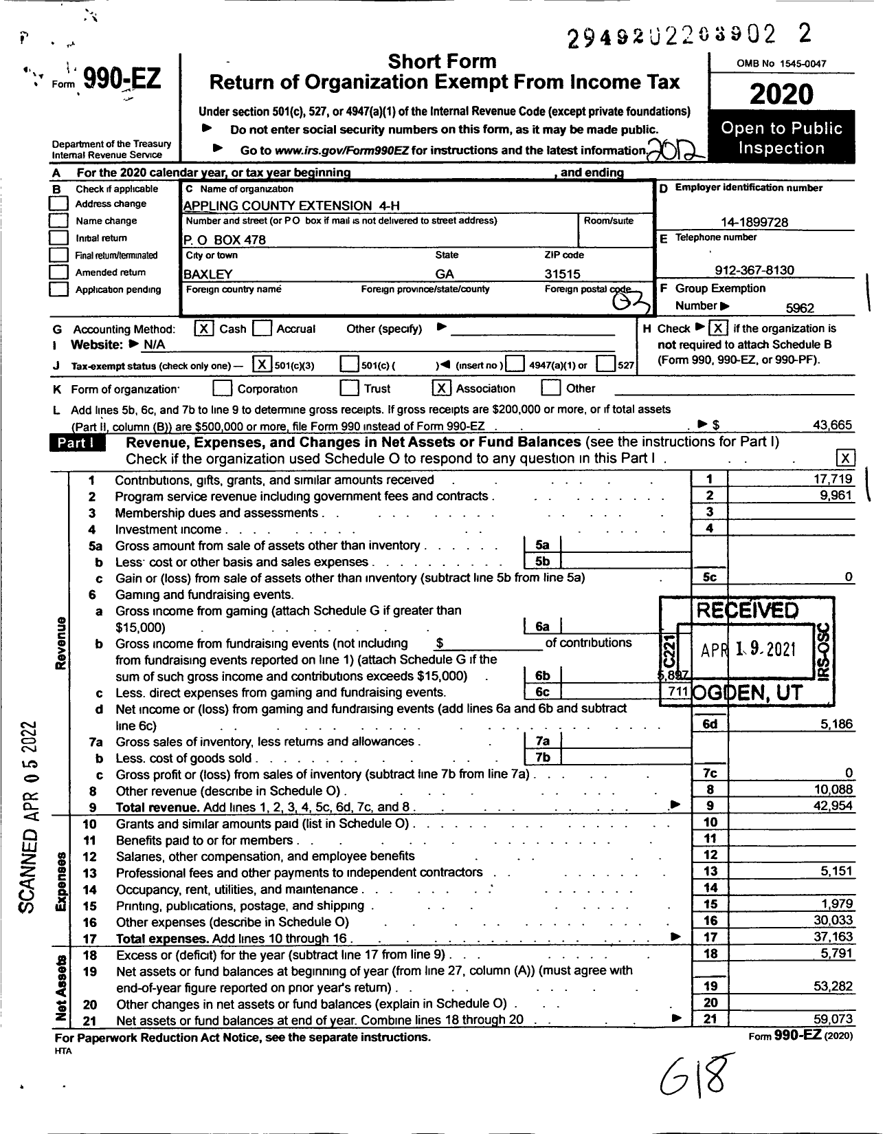 Image of first page of 2020 Form 990EZ for Appling County Extension 4-H