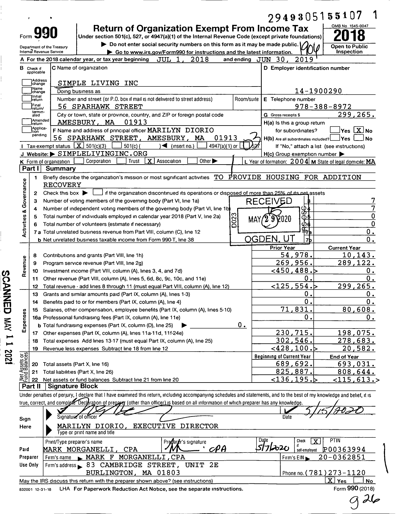 Image of first page of 2018 Form 990 for Simple Living