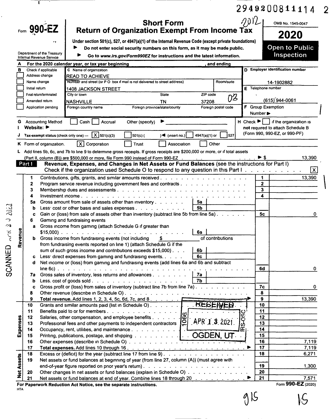 Image of first page of 2020 Form 990EZ for Read To Achieve