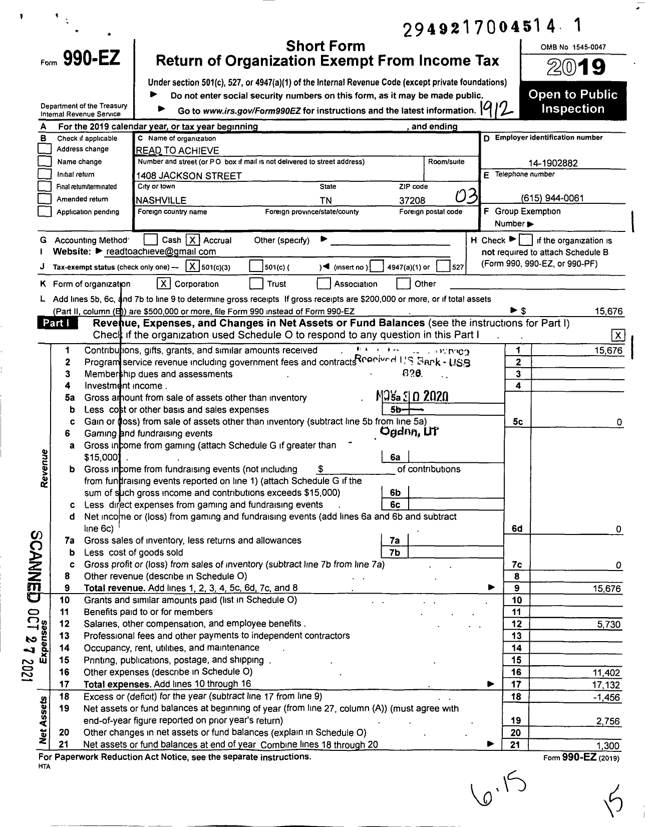 Image of first page of 2019 Form 990EZ for Read To Achieve