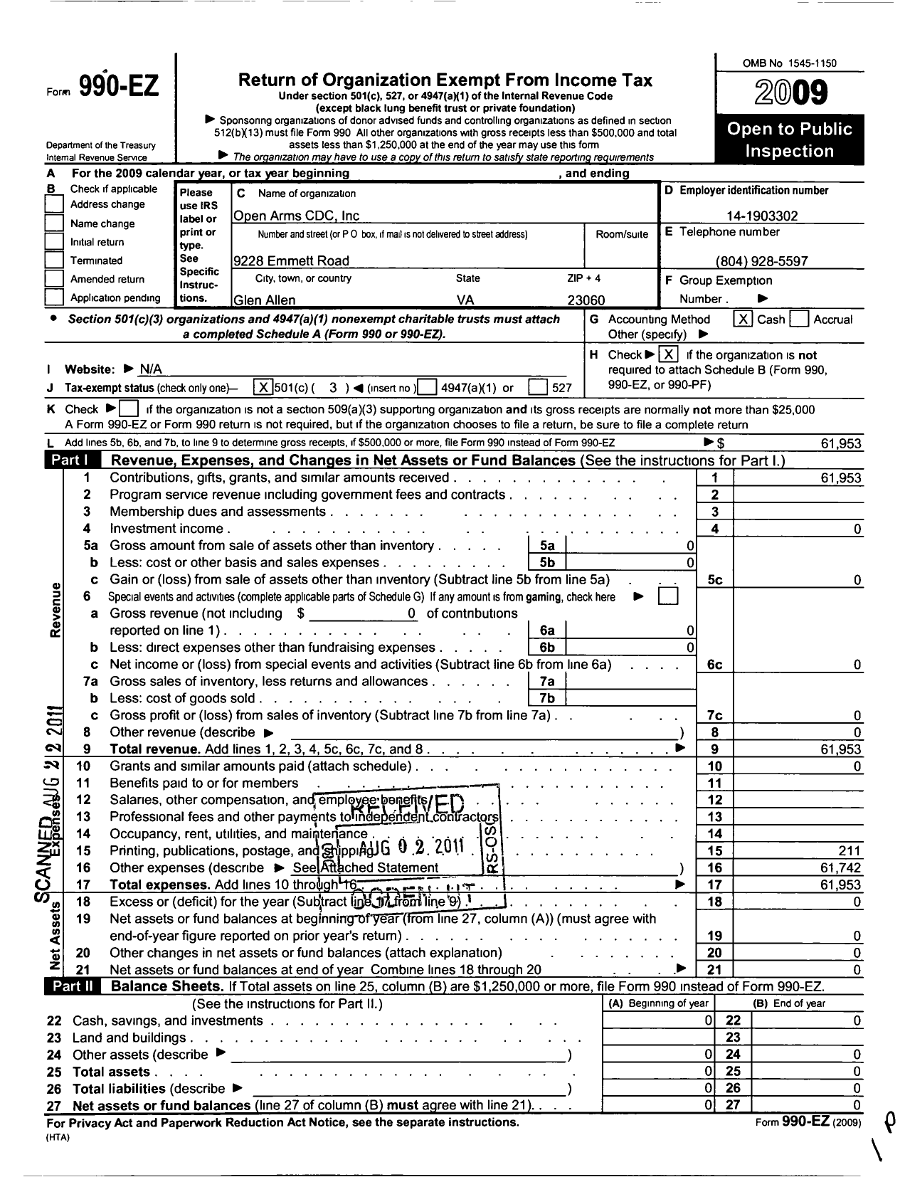 Image of first page of 2009 Form 990EZ for Open Arms Cdc