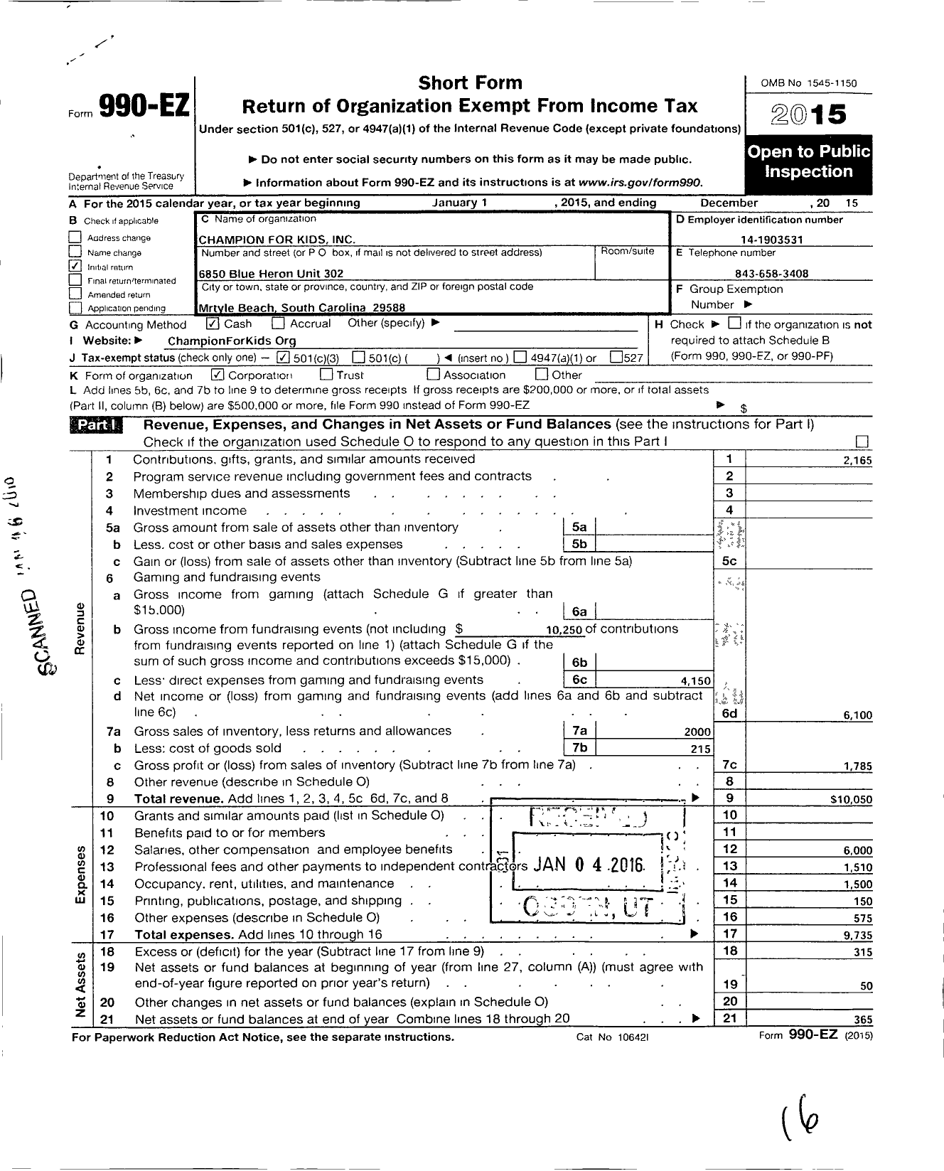 Image of first page of 2015 Form 990EZ for Champion for Kids