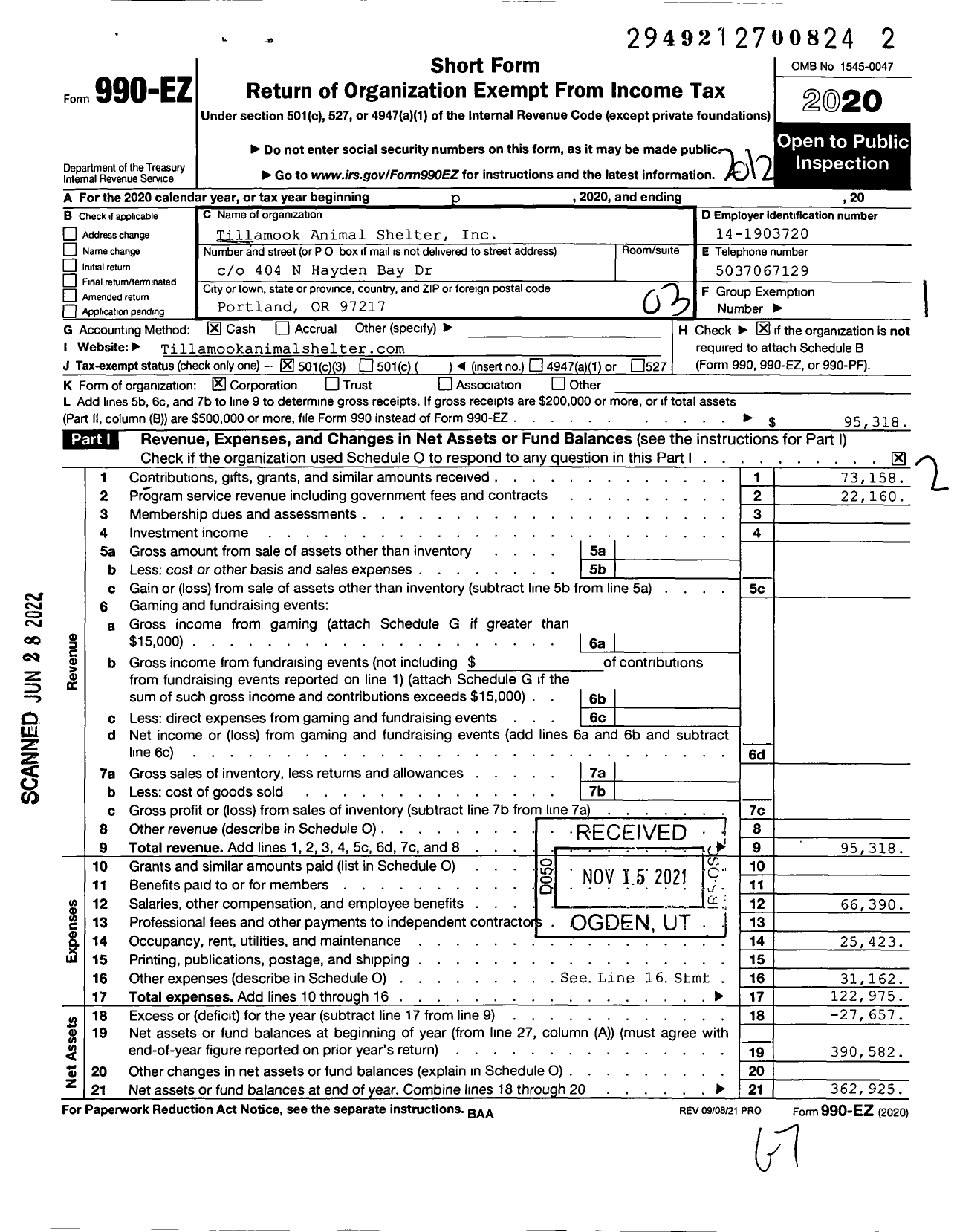 Image of first page of 2020 Form 990EZ for Tillamook Animal Shelter