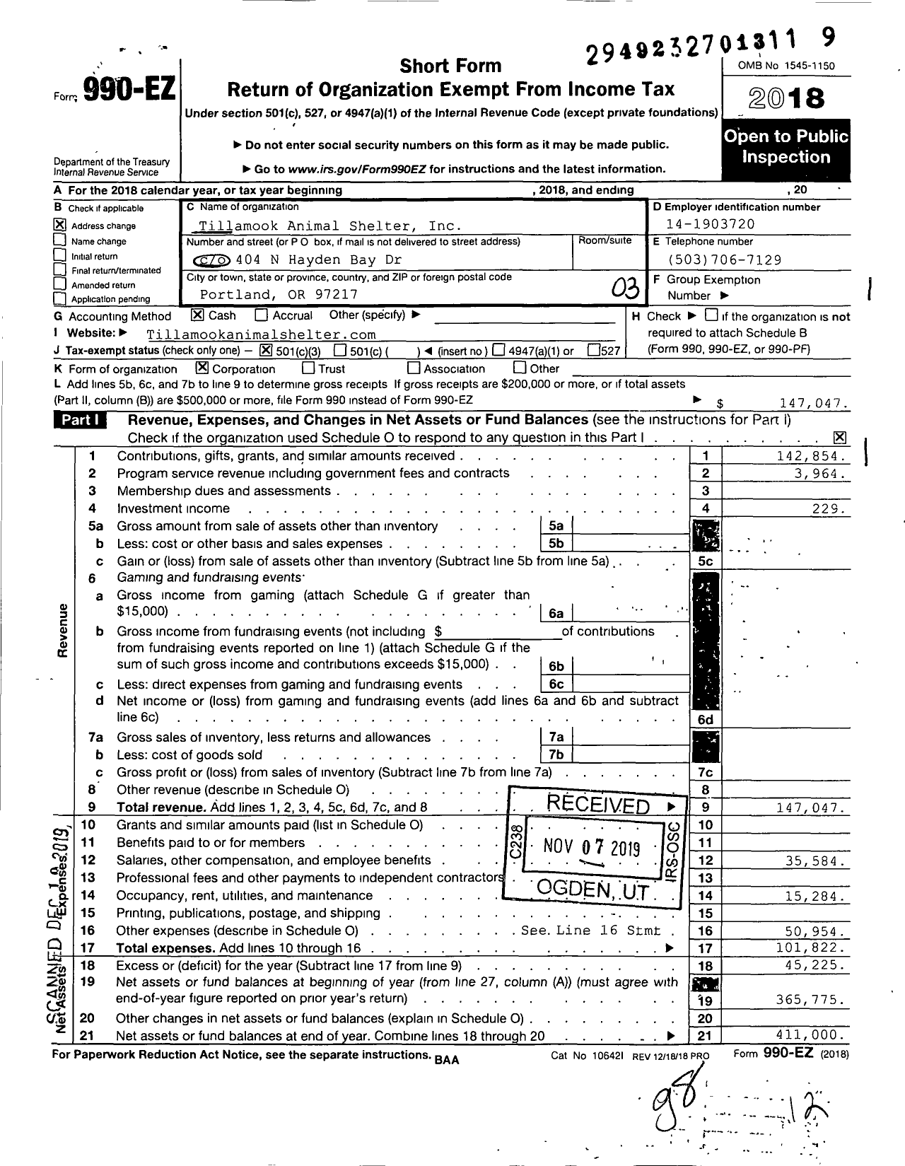 Image of first page of 2018 Form 990EZ for Tillamook Animal Shelter