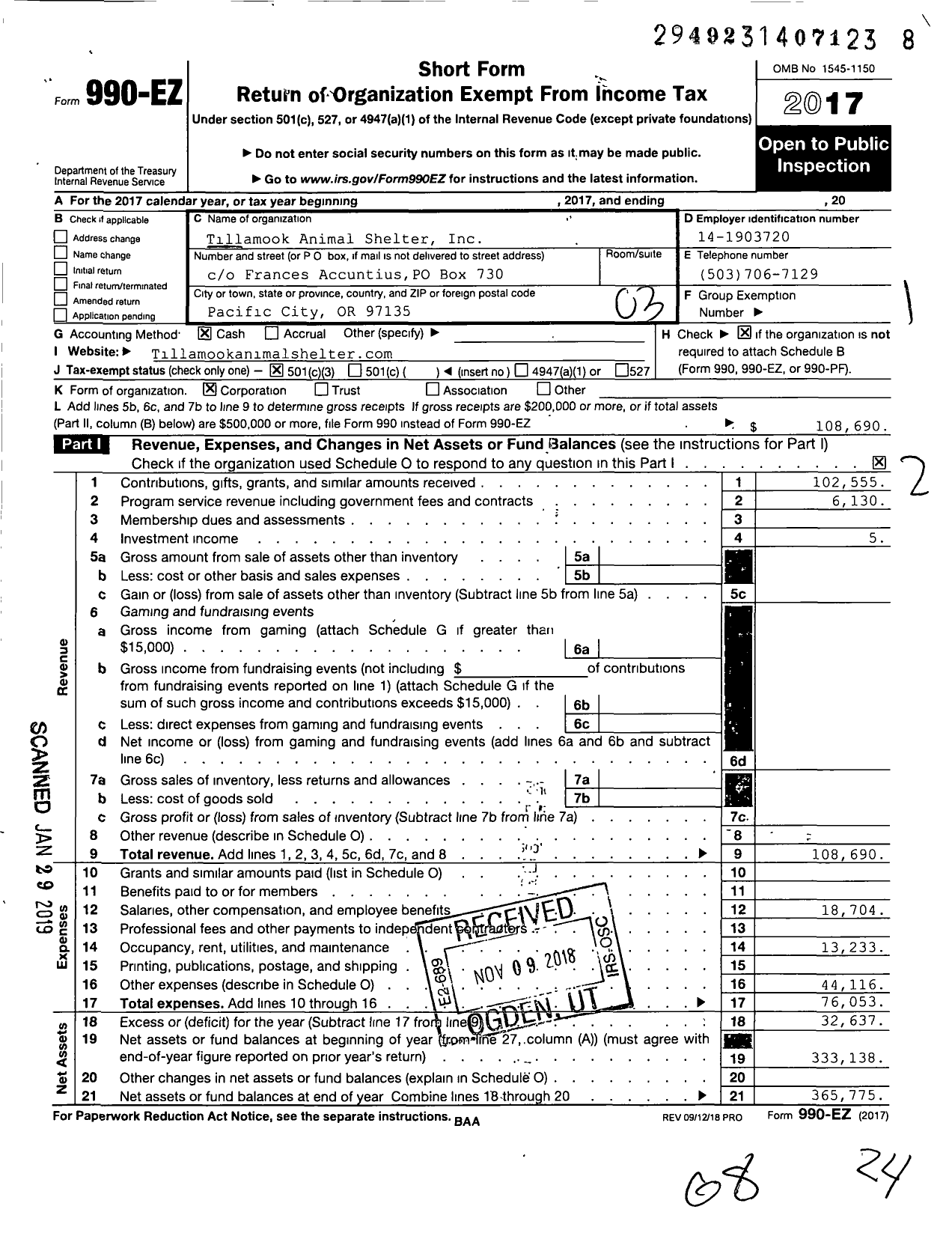 Image of first page of 2017 Form 990EZ for Tillamook Animal Shelter