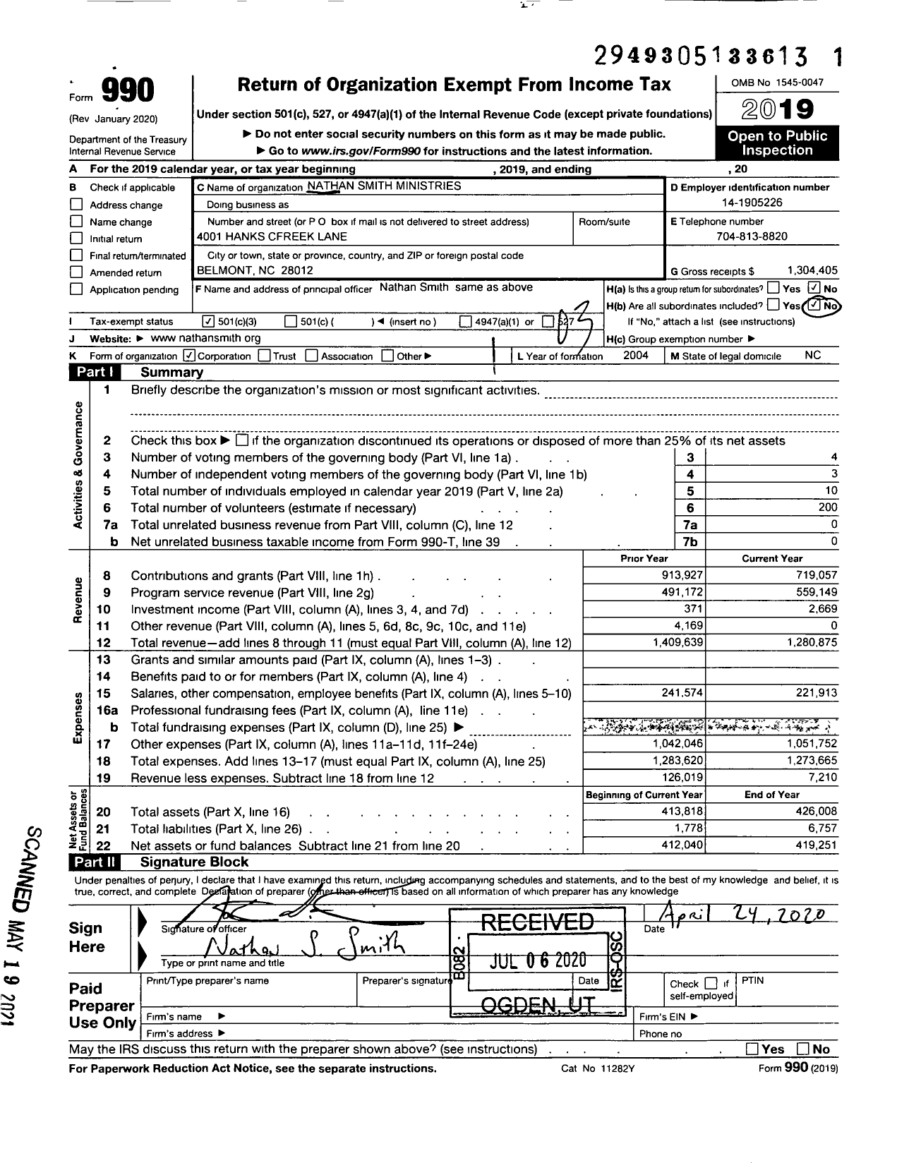 Image of first page of 2019 Form 990 for Nathan Smith Ministries
