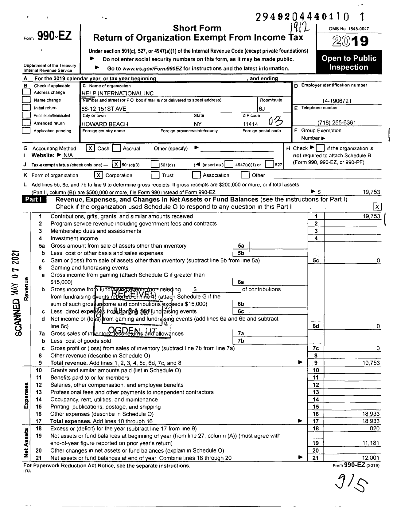 Image of first page of 2019 Form 990EZ for Help International