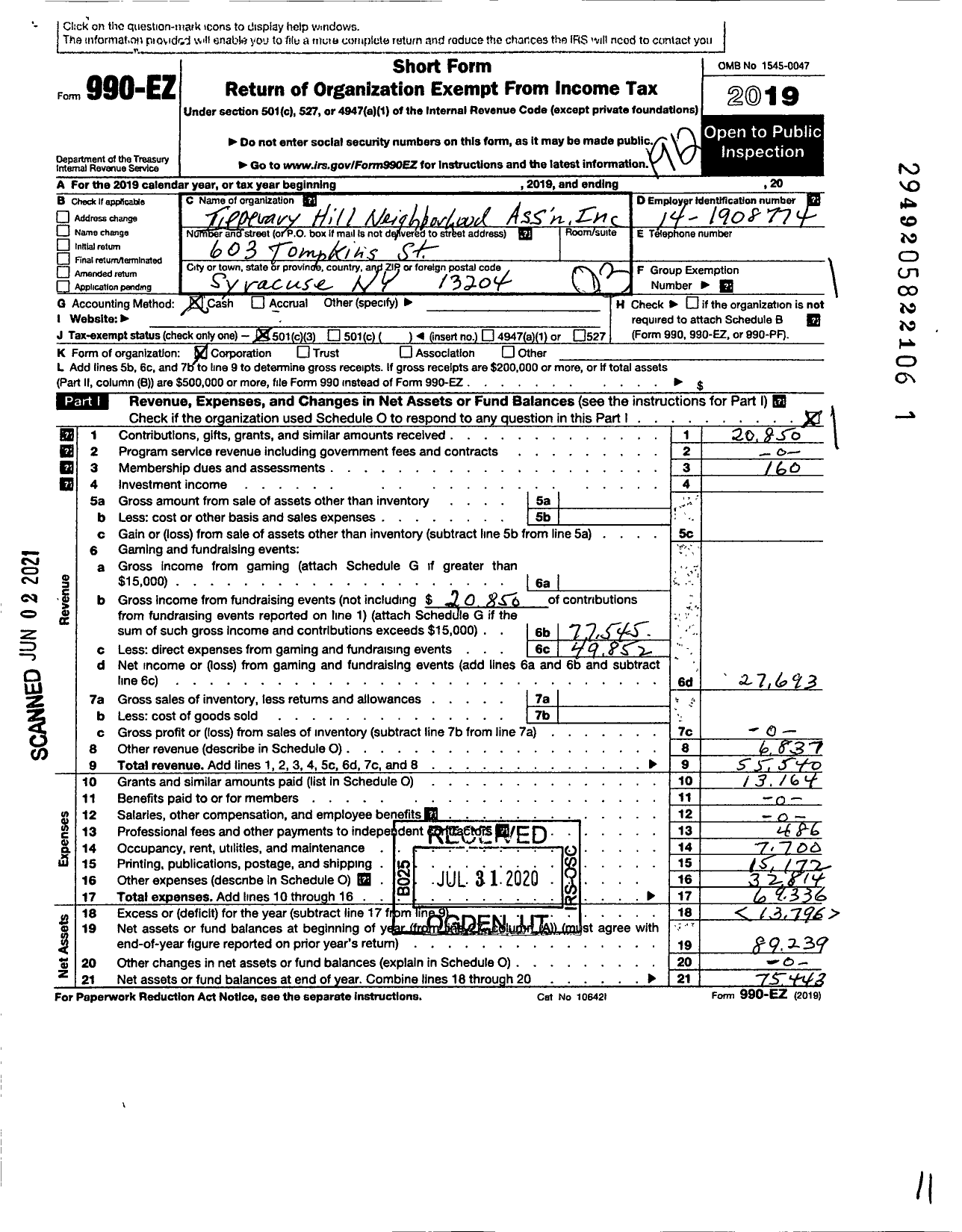 Image of first page of 2019 Form 990EZ for Tipperary Hill Neighborhood Association