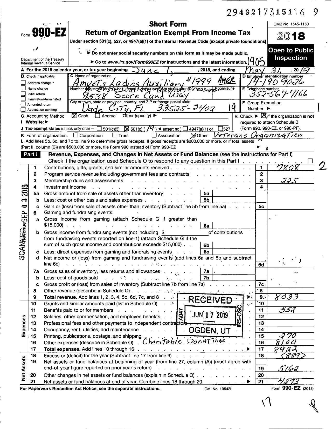 Image of first page of 2018 Form 990EO for Amvets - 1999