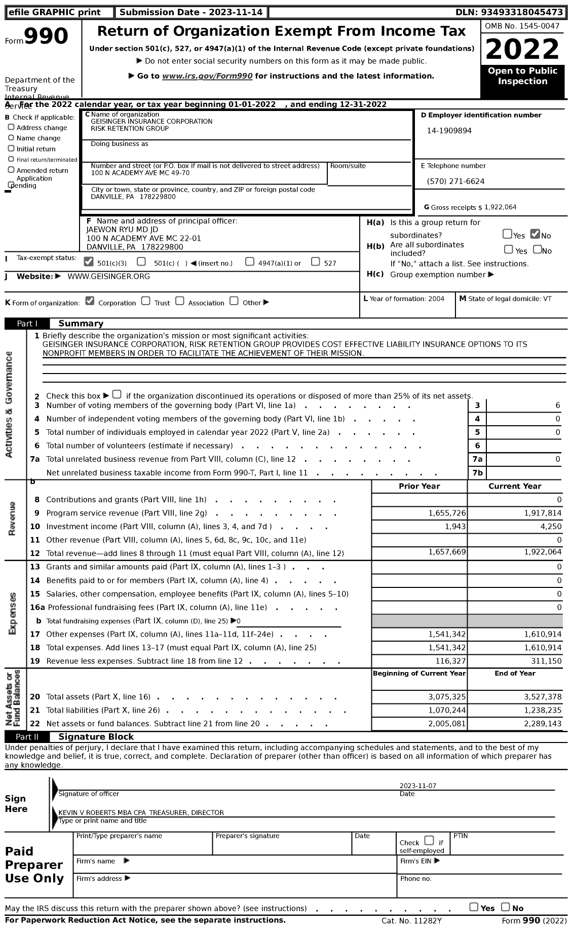 Image of first page of 2022 Form 990 for Geisinger Insurance Corporation Risk Retention Group