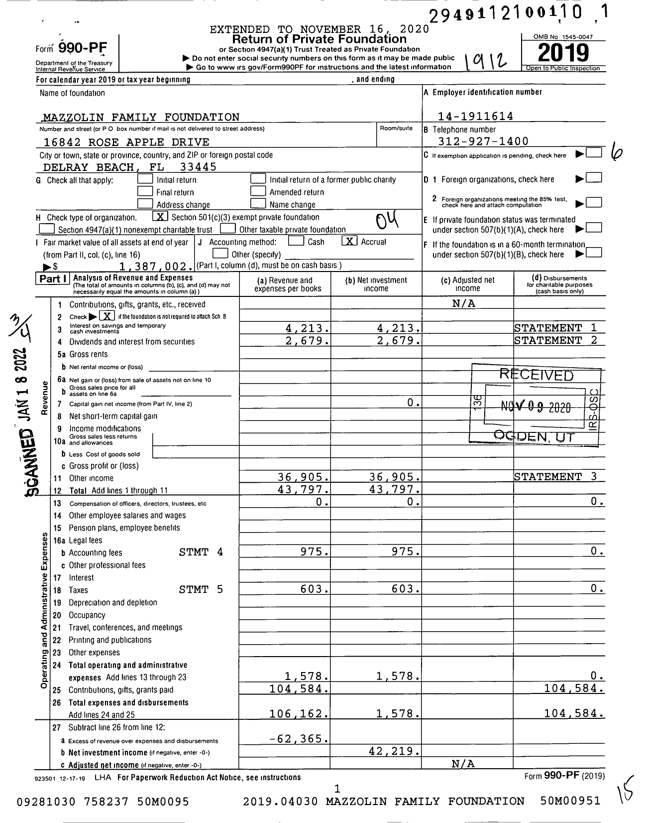 Image of first page of 2019 Form 990PF for Mazzolin Family Foundation