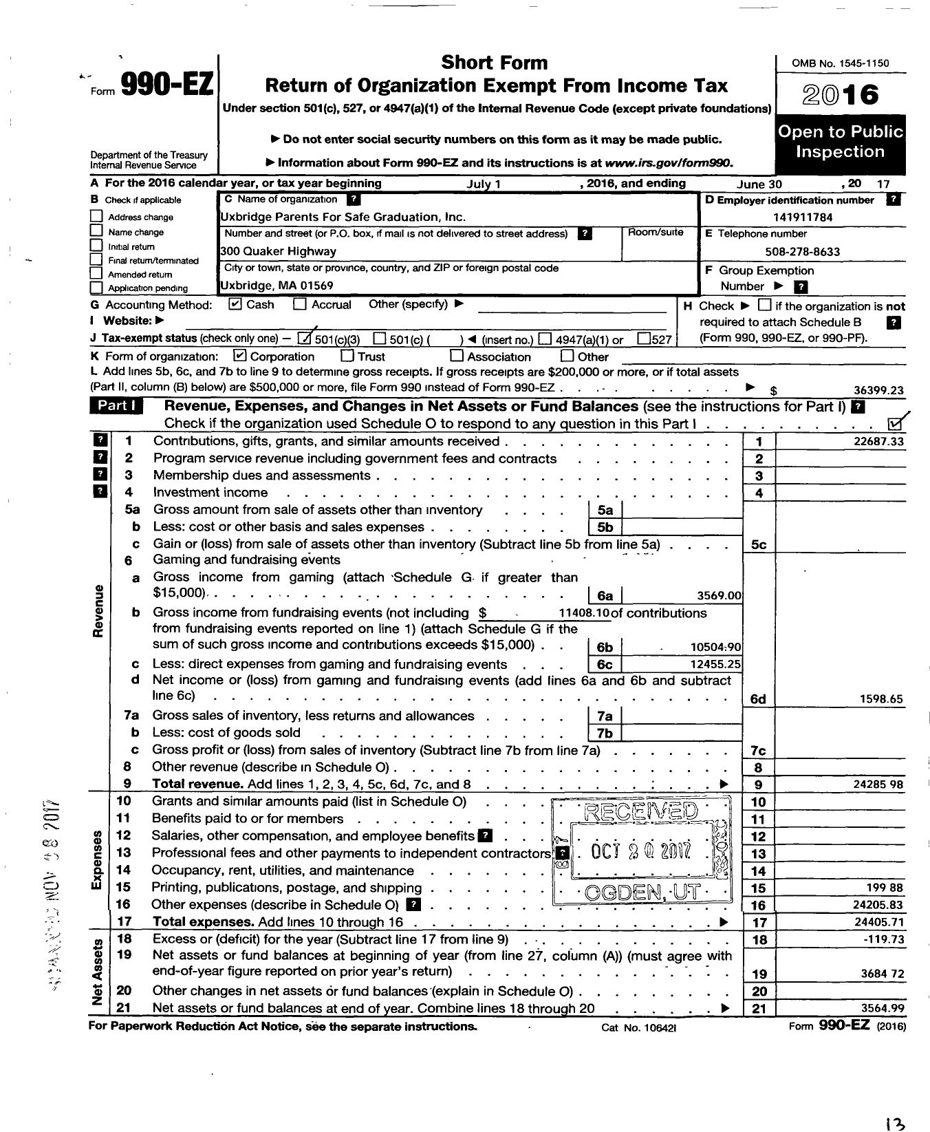 Image of first page of 2016 Form 990EZ for Uxbridge Parents for Safe Graduation