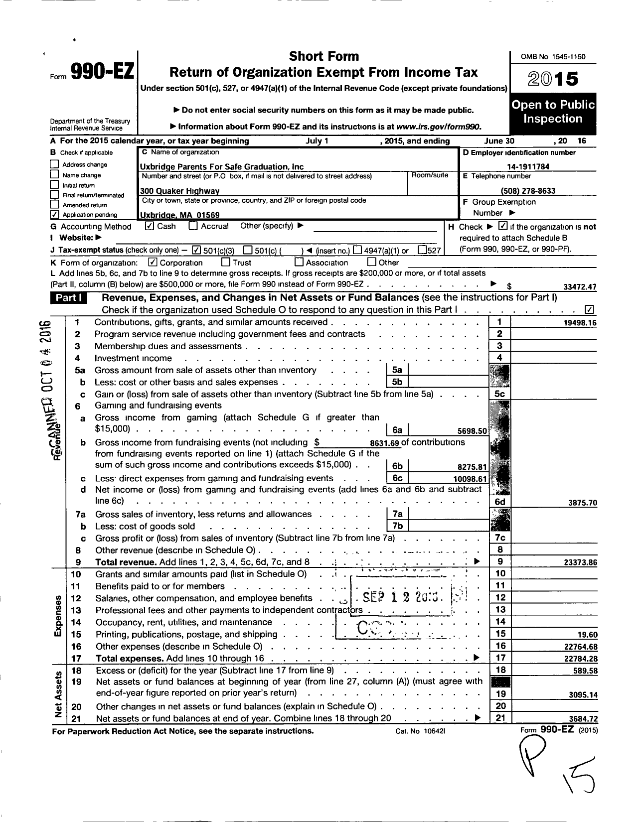 Image of first page of 2015 Form 990EZ for Uxbridge Parents for Safe Graduation