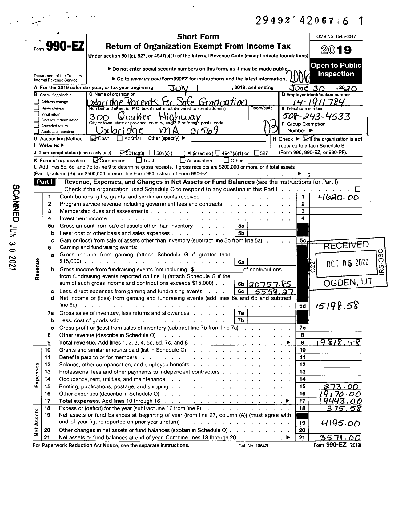 Image of first page of 2019 Form 990EZ for Uxbridge Parents for Safe Graduation