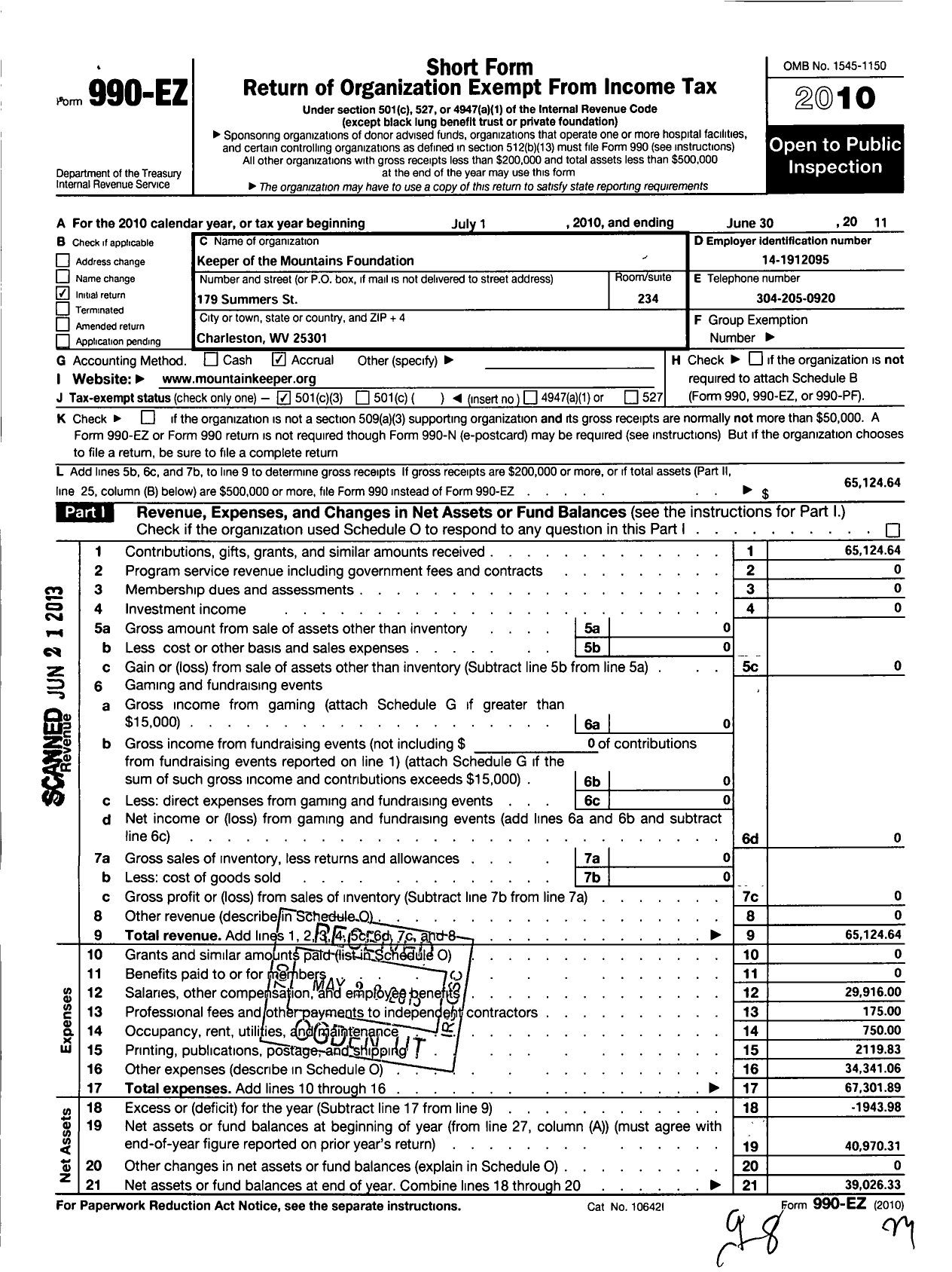 Image of first page of 2010 Form 990EZ for Keeper of the Mountains Foundation