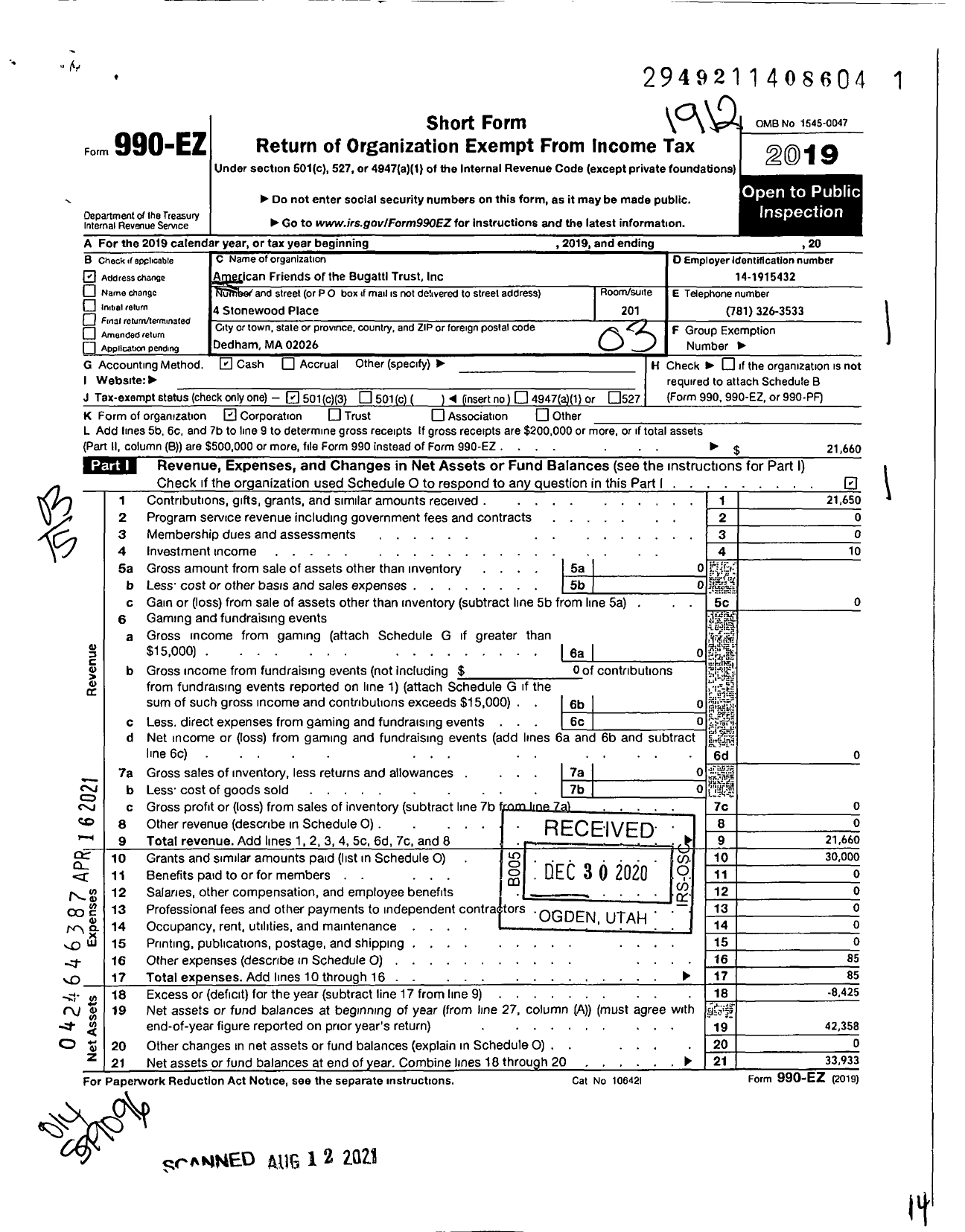 Image of first page of 2019 Form 990EZ for American Friends of the Bugatti Trust