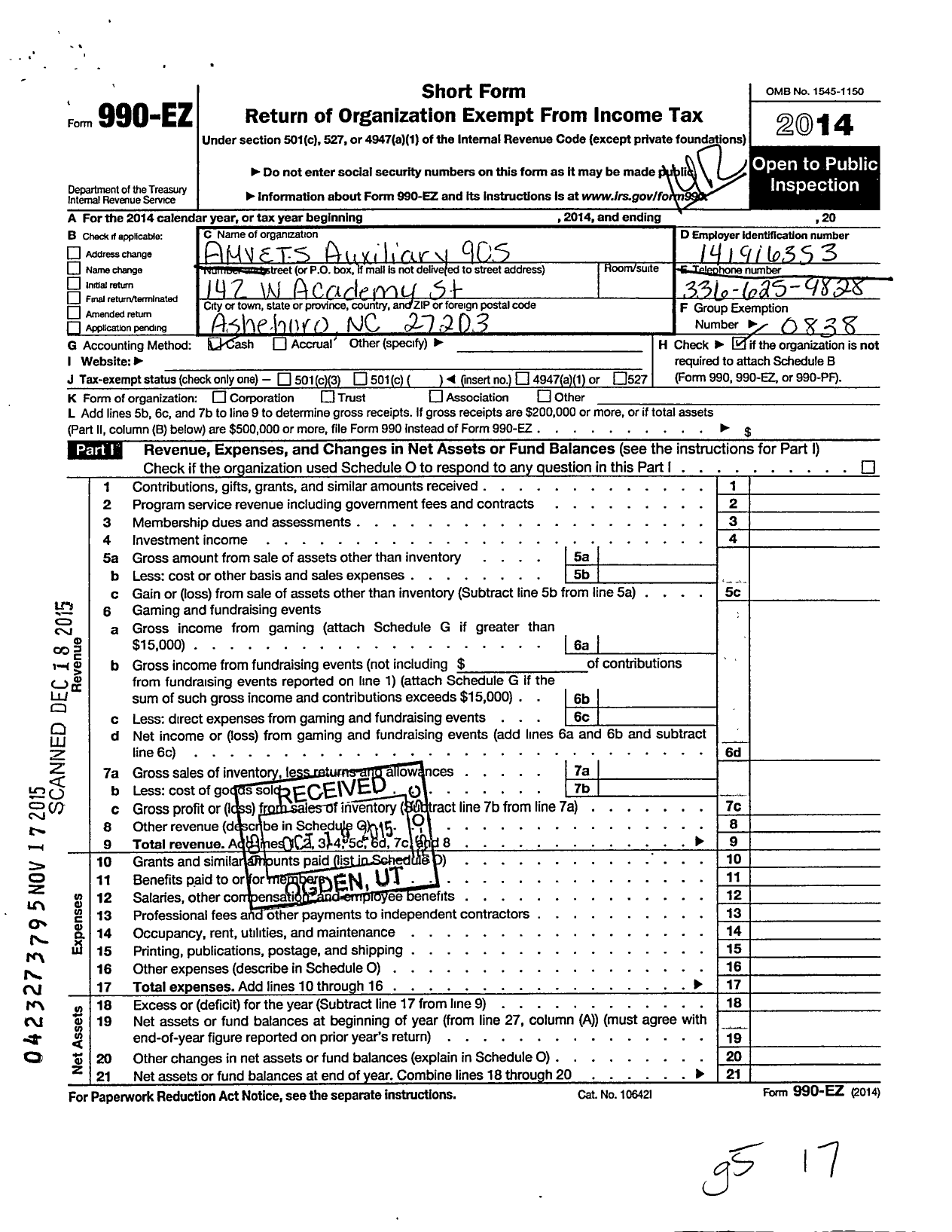 Image of first page of 2014 Form 990EO for Amvets - 905