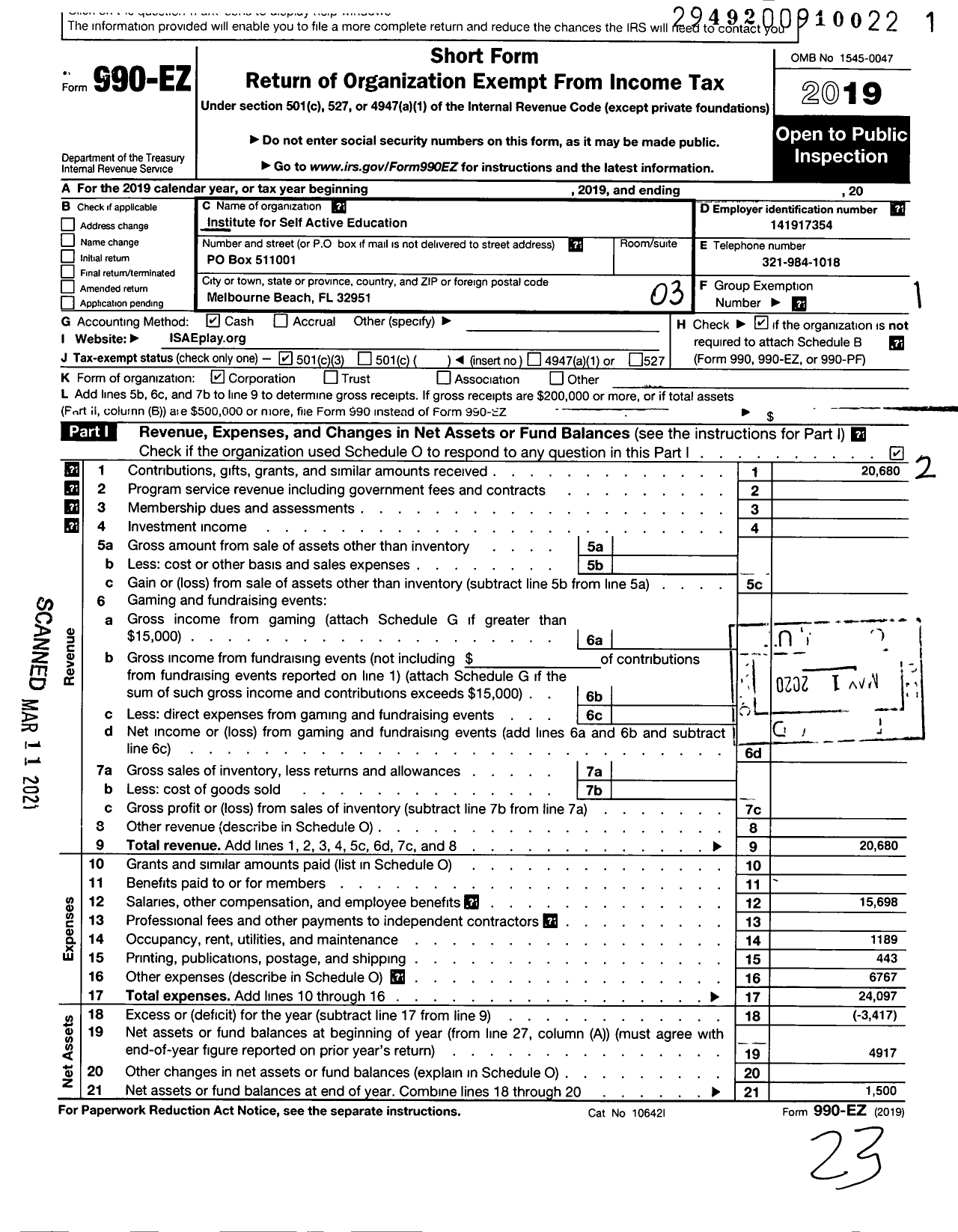 Image of first page of 2019 Form 990EZ for Institute for Self Active Education