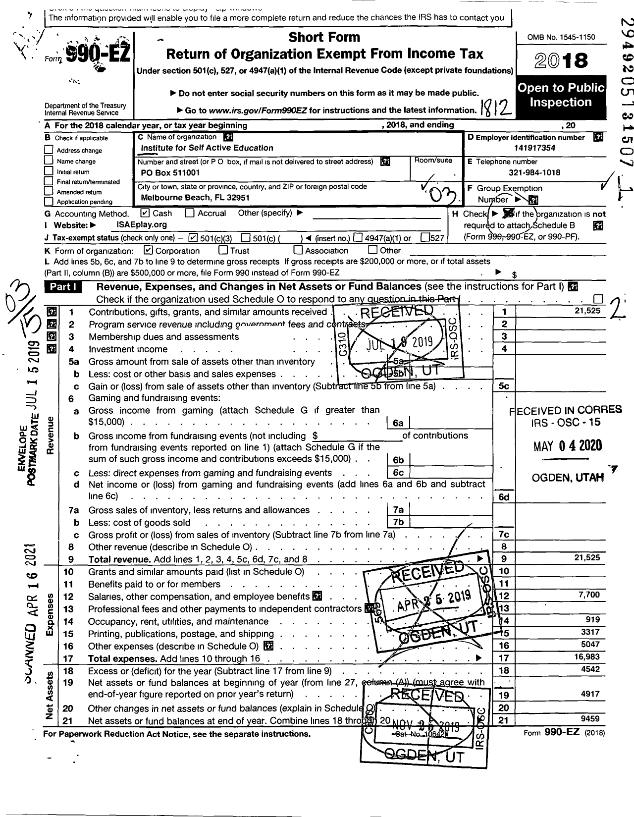 Image of first page of 2018 Form 990EZ for Institute for Self Active Education