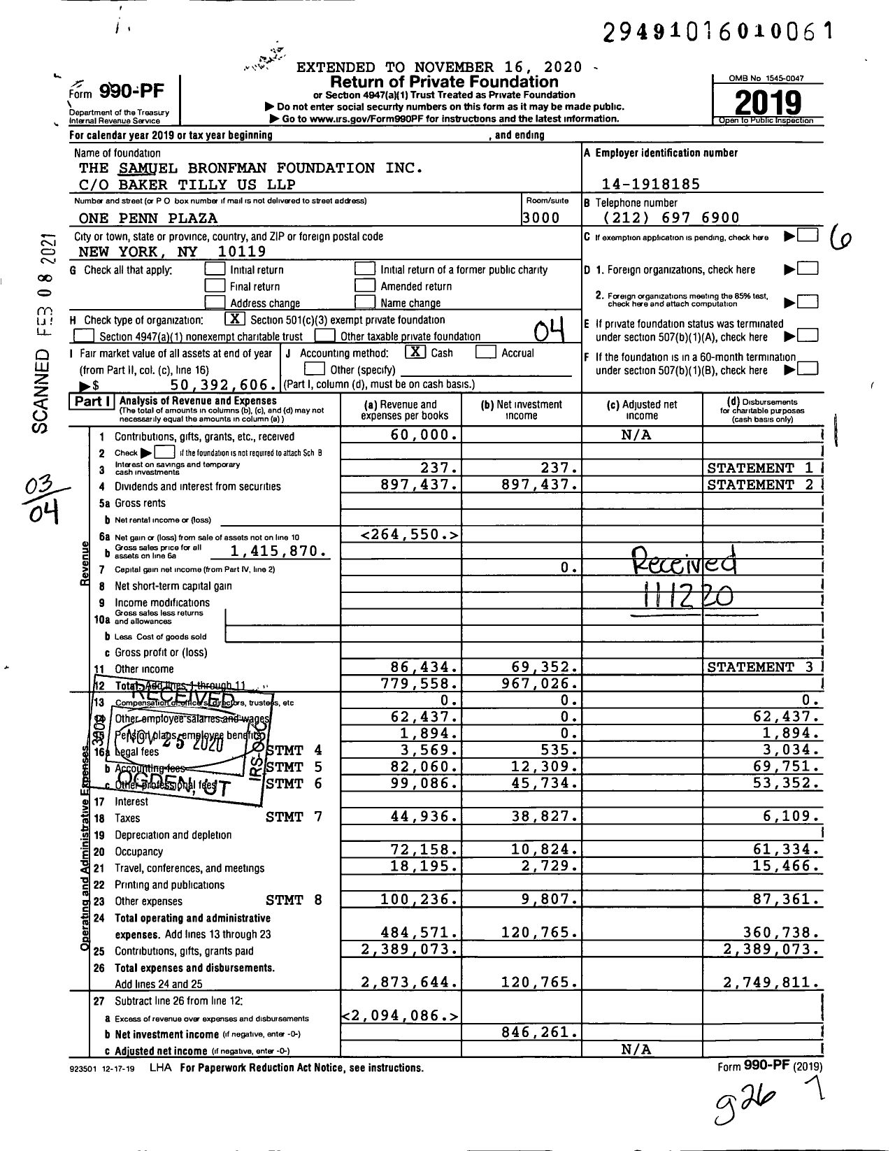 Image of first page of 2019 Form 990PF for The Samuel Bronfman Foundation