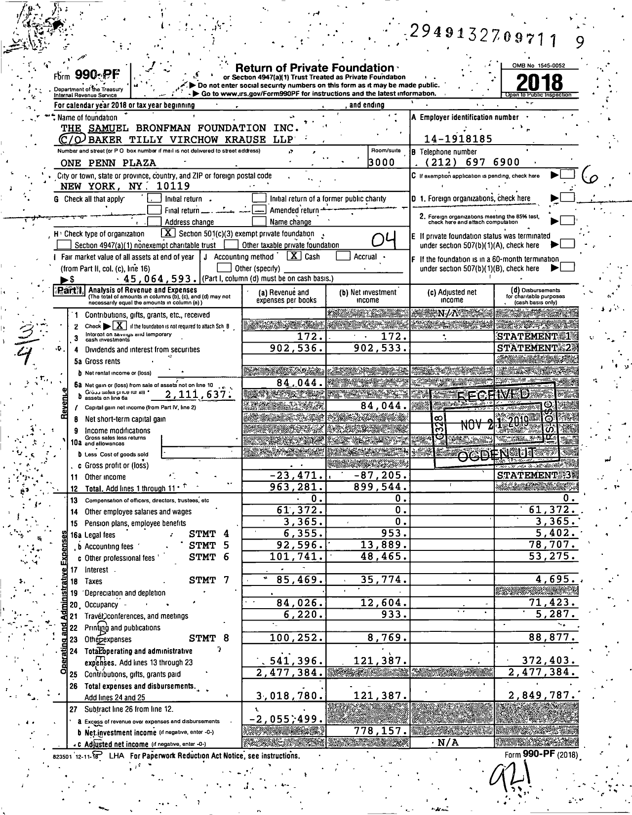 Image of first page of 2018 Form 990PF for The Samuel Bronfman Foundation