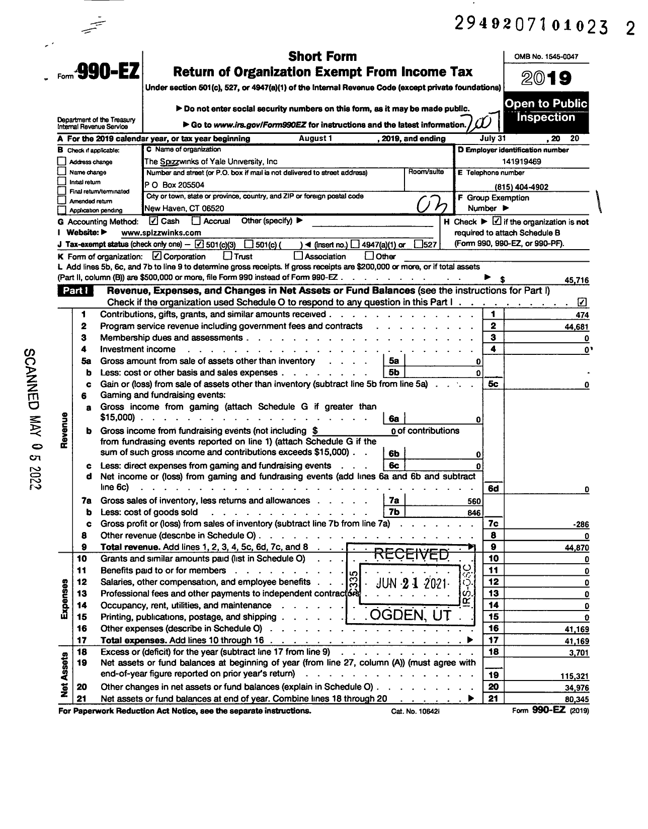 Image of first page of 2019 Form 990EZ for The Spizzwinks of Yale University