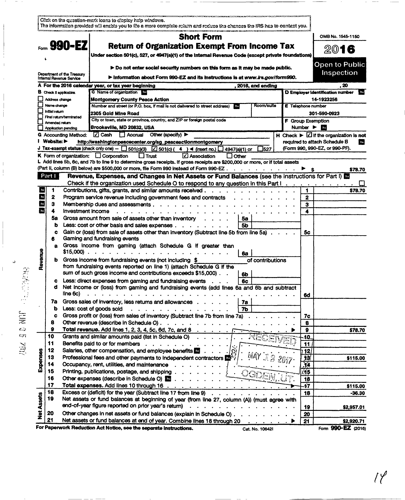 Image of first page of 2016 Form 990EO for Montgomery County Peace Action