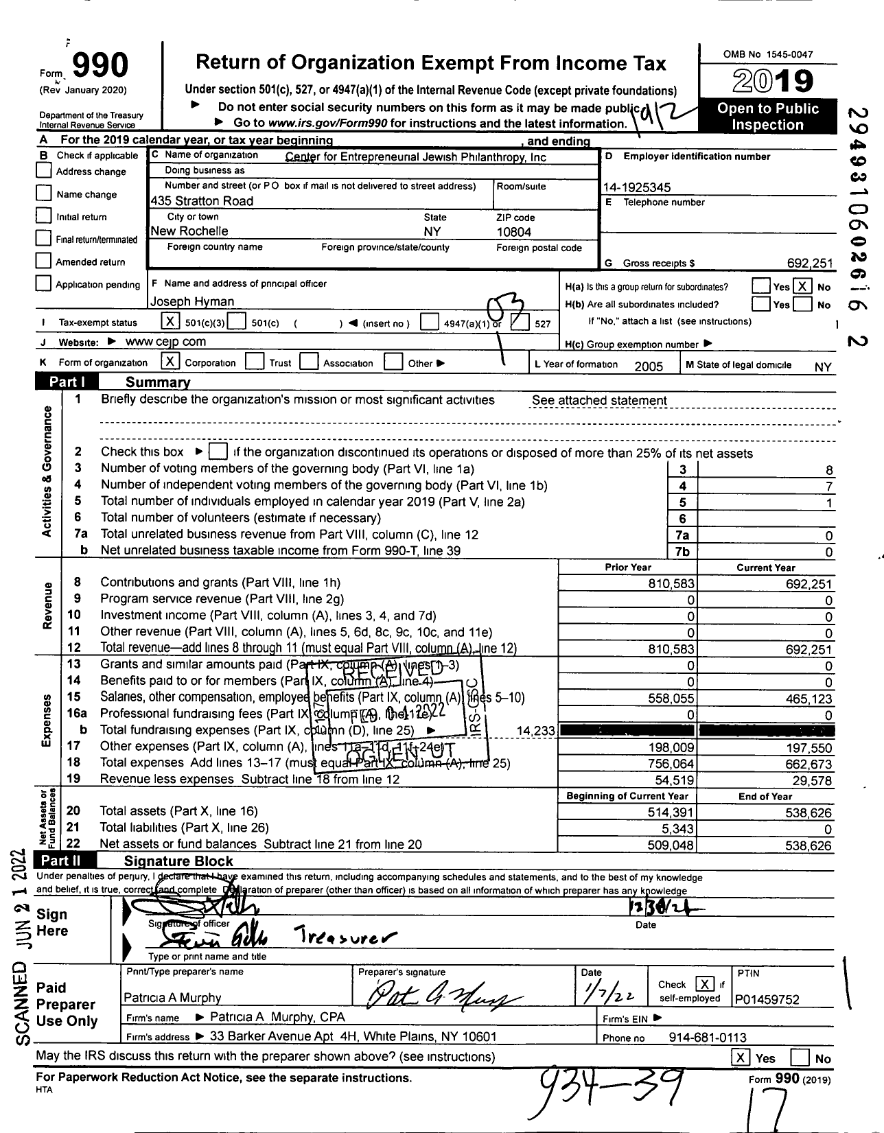 Image of first page of 2019 Form 990 for Center for Entrepreneurial Jewish Philanthropy (CEJP)