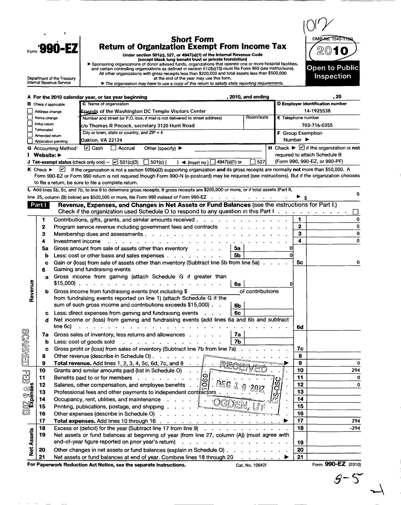 Image of first page of 2010 Form 990EZ for Friends of the Washington DC Temple Visitors Center