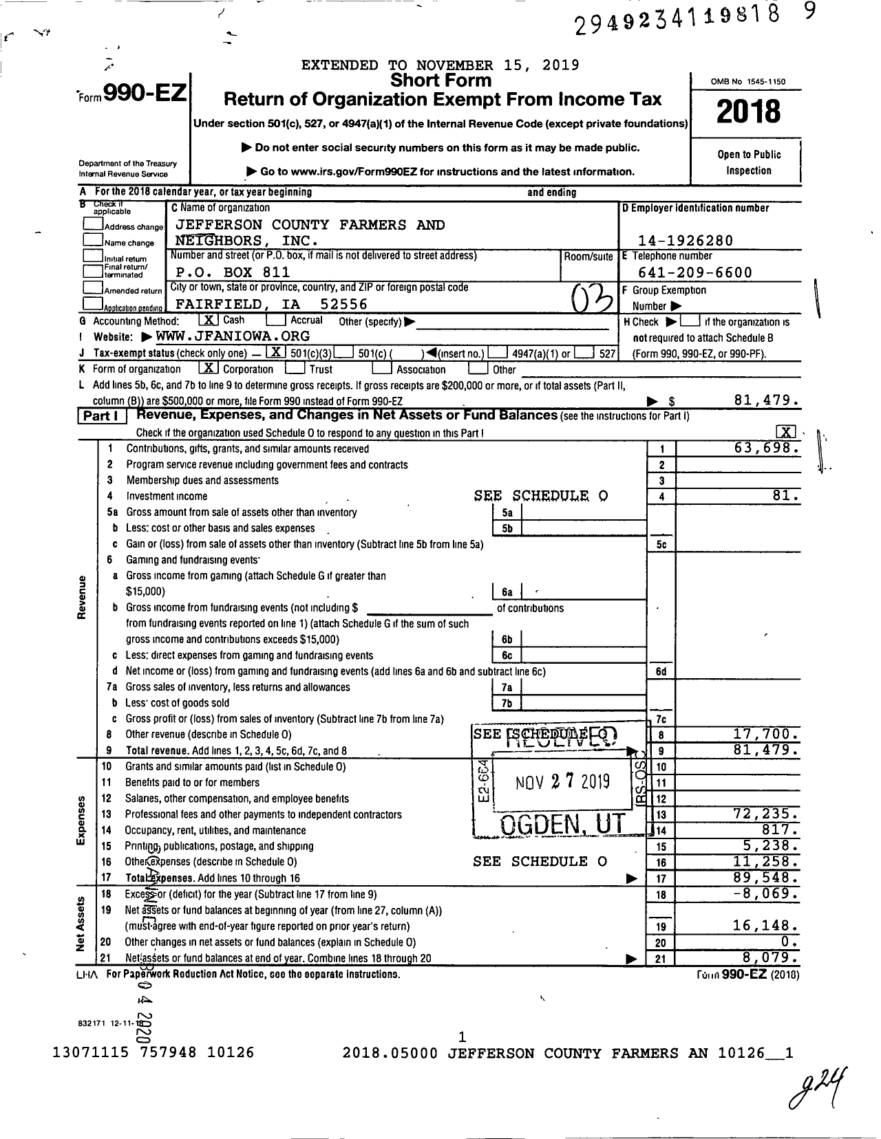 Image of first page of 2018 Form 990EZ for Jefferson County Farmers and Neighbors