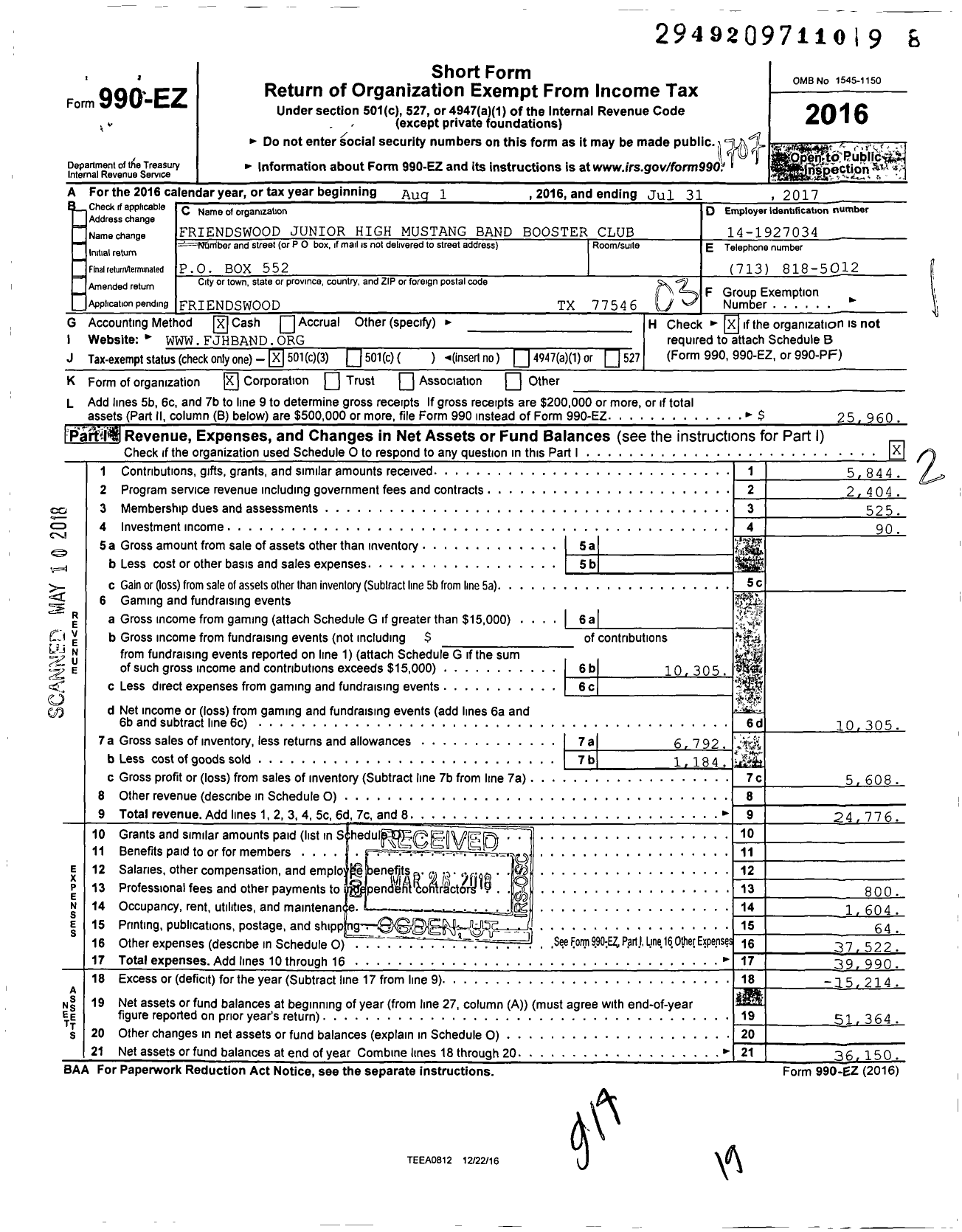 Image of first page of 2016 Form 990EZ for Friendswood Junior High Mustang Band Booster Club