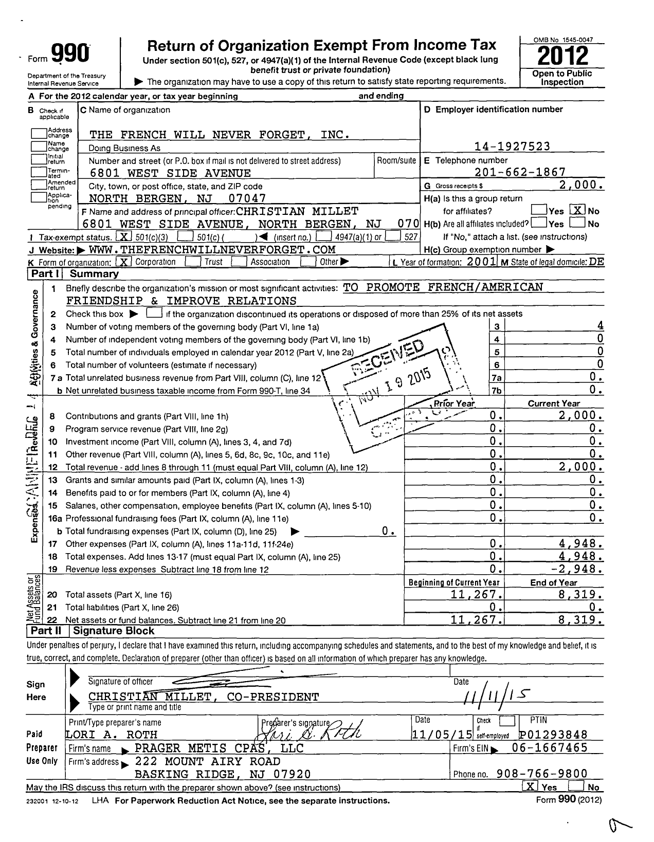 Image of first page of 2012 Form 990 for The French Will Never Forget