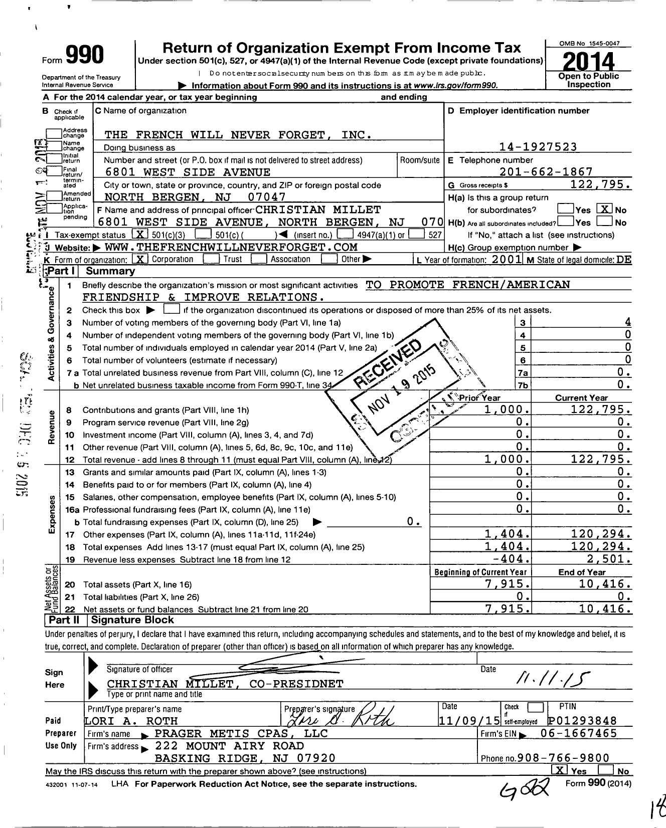 Image of first page of 2014 Form 990 for The French Will Never Forget